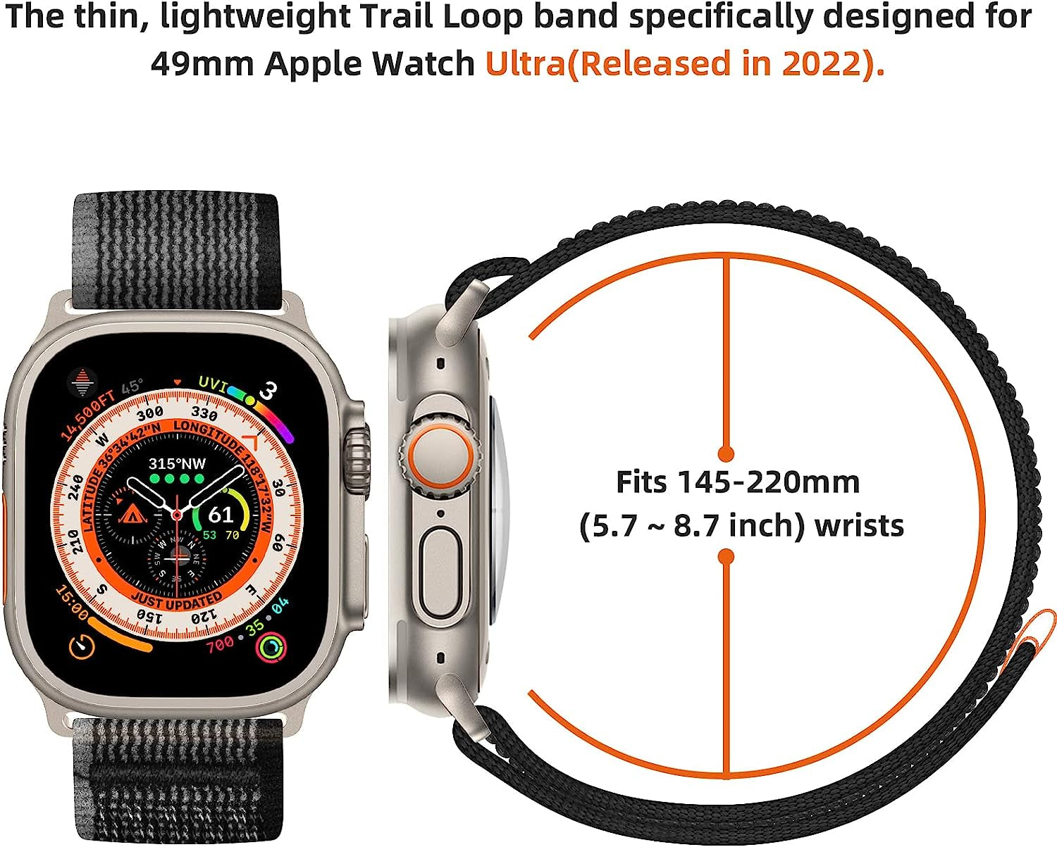 LEUNGLIK Trail Loop Compatible with Apple Watch Ultra 49Mm, Iwatch Series 8/7/6/SE/5/4 [45/44Mm], Series 3 [42Mm], Nylon Stretchy Braided Strap for Men Women - Metal Connectors  LEUNGLIK   
