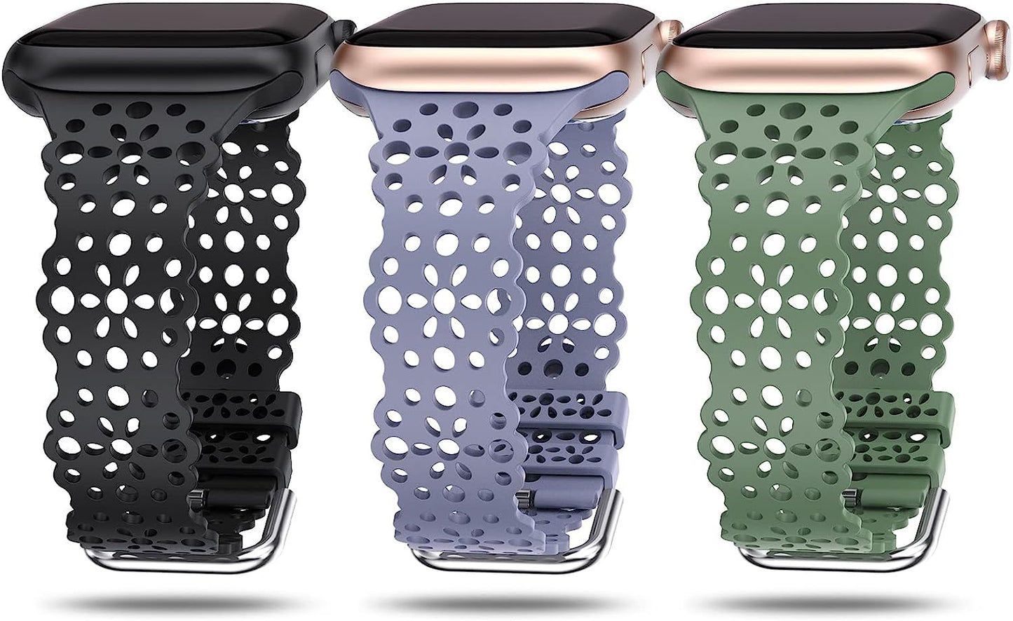 TOYOUTHS Compatible with Apple Watch Band Women 41Mm 40Mm 38Mm Soft Stretchy Silicone Lace Flower Cut-Outs Scalloped Breathable Waterproof Lacy Band for Iwatch Series 8 7 6 5 4 3 2 1 SE  TOYOUTHS Black/Olive Green/Alaska Blue 49/45/44/42mm 