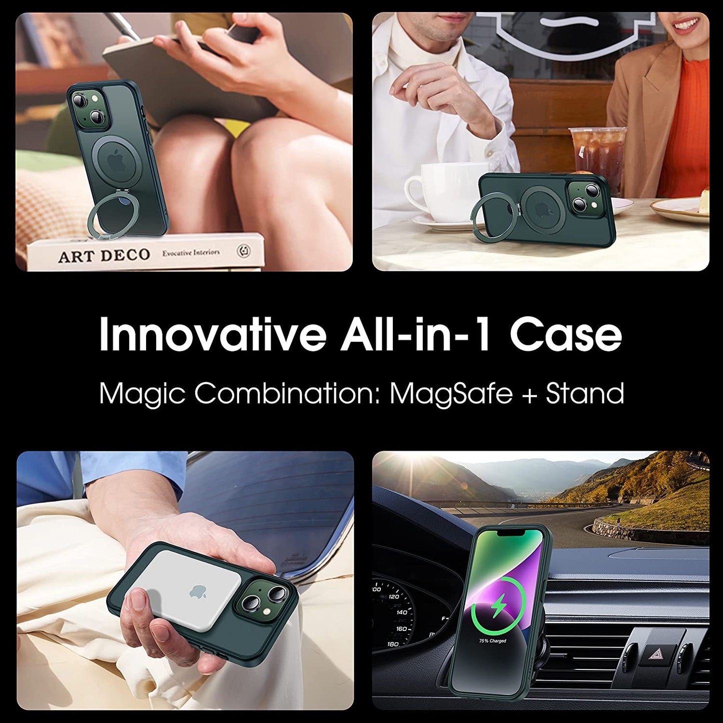 CASEKOO for Iphone 13 Case/Iphone 14 Case with Magnetic Invisible Stand [Military Drop Protection] [Compatible with Magsafe] Shockproof Slim Translucent Matte Phone Cases for Men Women 6.1 Inch, Green  CASEKOO   