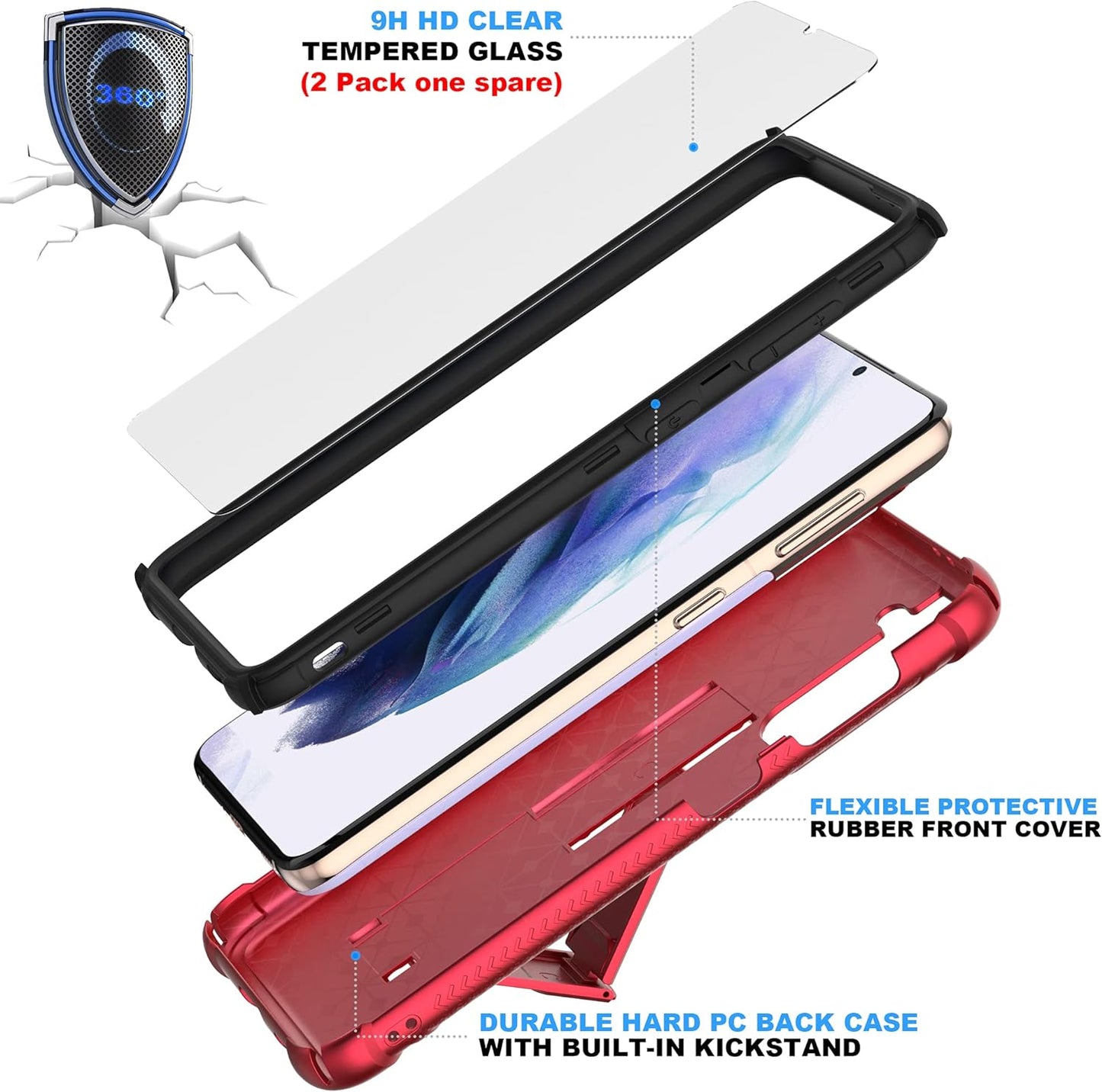 ORETECH Samsung S21 plus Case, Galaxy S21 plus Case with 2 X Tempered Glass Screen Protector for Samsung Galaxy S21 plus Phone Case with Built-In Kickstand for Samsung S21 plus Case -6.7" Red  ORETECH   