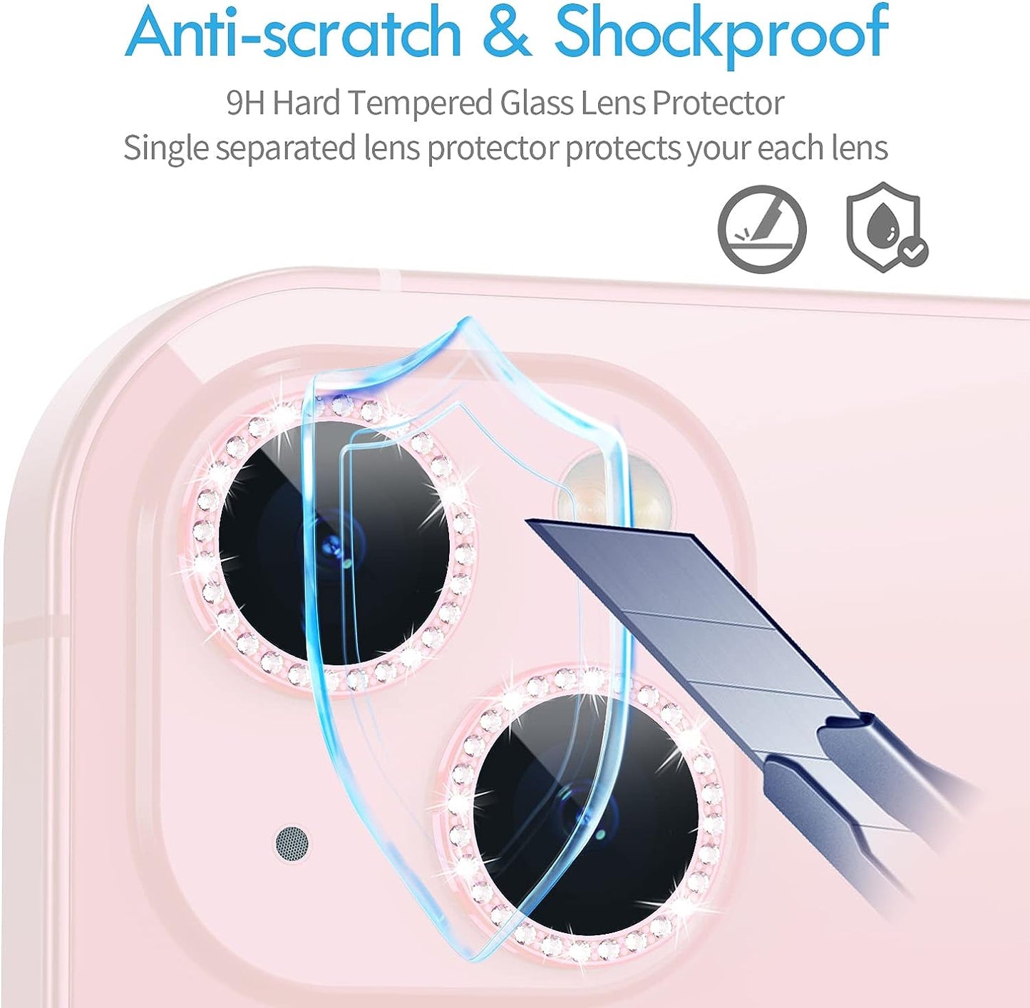 Xfilm Bling Diamond Camera Lens Protector for Iphone 13 / Iphone 13 Mini, HD Clear Tempered Glass Camera Lens Screen Protection Cover, Case Friendly, Scratch Proof (Diamond Pink)  Xfilm   