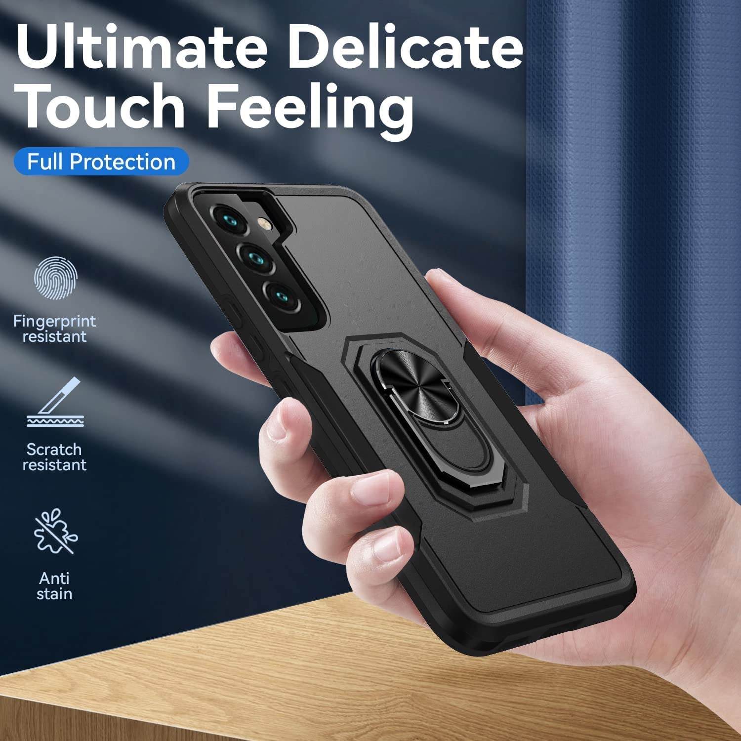 Samsung Galaxy S22 Case with Screen Protector Tempered Glass [Not for S22+] ,Heavy Duty Shockproof Full Body Phone Cover[Dual Layer][Hard PC Back],Built in Finger Ring Stable Kickstand,2022 Black  Janmitta   