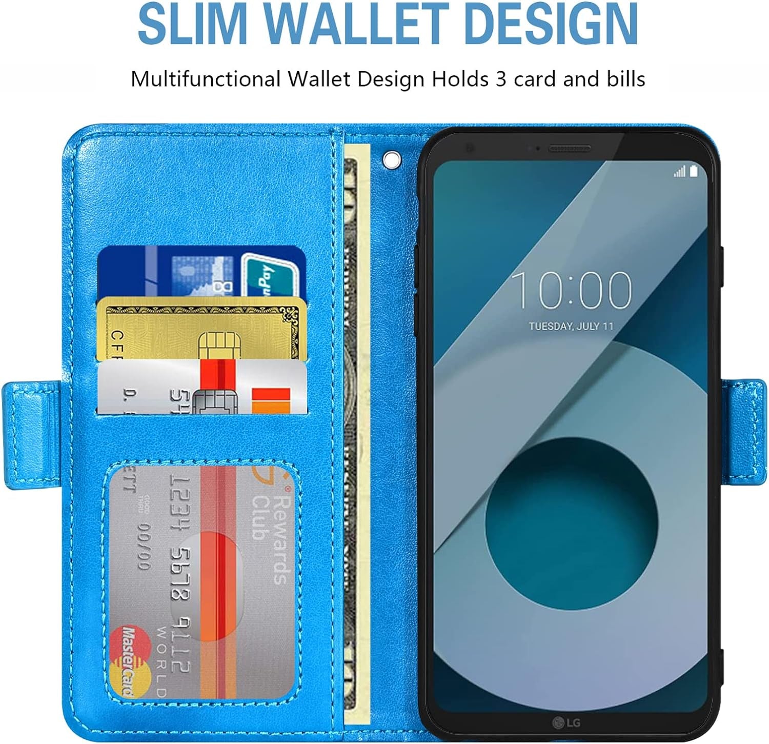 Asuwish Compatible with LG Q6/Q6 Plus/Q6 Mini Wallet Case and Tempered Glass Screen Protector Flip Purse Accessories Wrist Strap Credit Card Holder Cell Phone Cover for Q6+ Alpha Prime Women Men Blue  Asuwish   