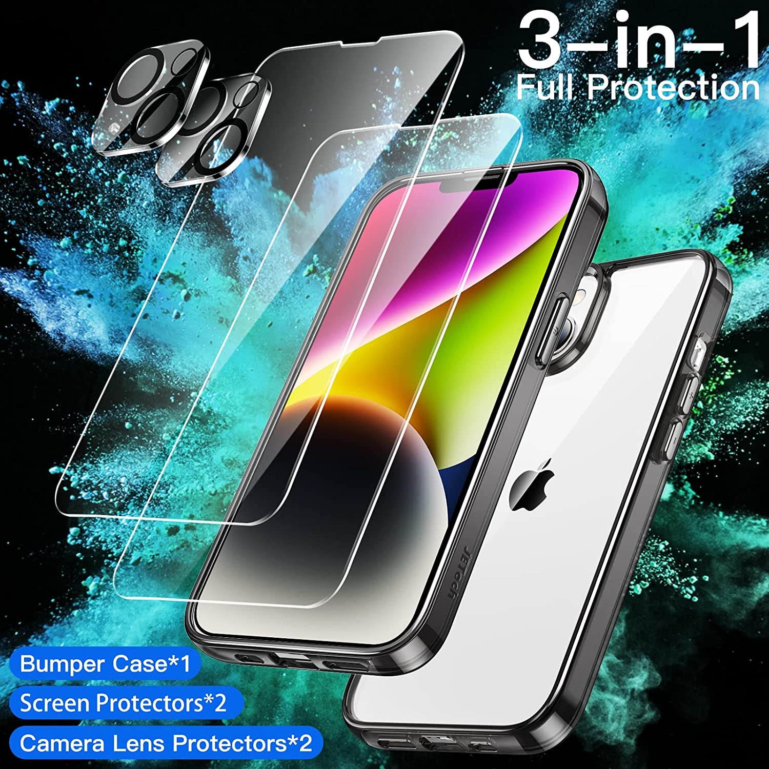 Jetech 3 in 1 Case for Iphone 14 6.1-Inch, with 2-Pack Screen Protector and 2-Pack Camera Lens Protector, Full Coverage Tempered Glass Film, Shockproof Bumper Phone Cover (Black)  JETech   