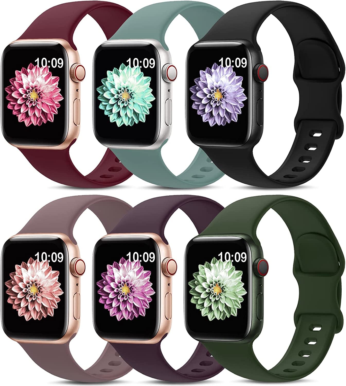 6 Pack Sport Bands Compatible with Apple Watch Band 38Mm 40Mm 41Mm 42Mm 44Mm 45Mm 49Mm,Soft Silicone Waterproof Strap Compatible with Iwatch Apple Watch Series Ultra 8 7 6 5 4 3 2 1 SE Women Men  AMSKY Black/Cactus/Wine Red/Cyprus Green/Smoke Violet/Cherry Dark 42/44/45/49 mm 