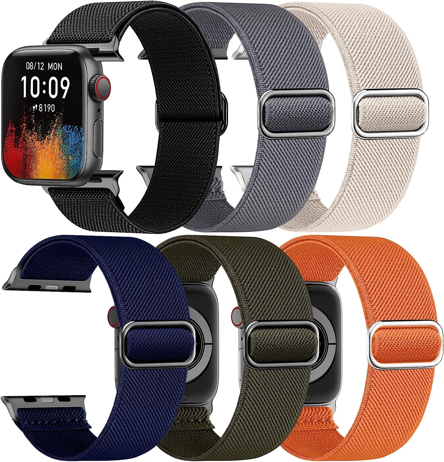 Ifuntec 6 Pack Stretchy Nylon Bands-Metal Connector-Compatible with Apple Watch Band 38Mm 40Mm 41Mm 42Mm 44Mm 45Mm 49Mm Women Men, Elastic Braided Strap for Iwatch Series Ultra 8/7/6/SE/5/4/3/2/1  iFuntec Black/Dark Grey/Starlight/Navy/Dark Army Green/Orange 38/40/41mm 