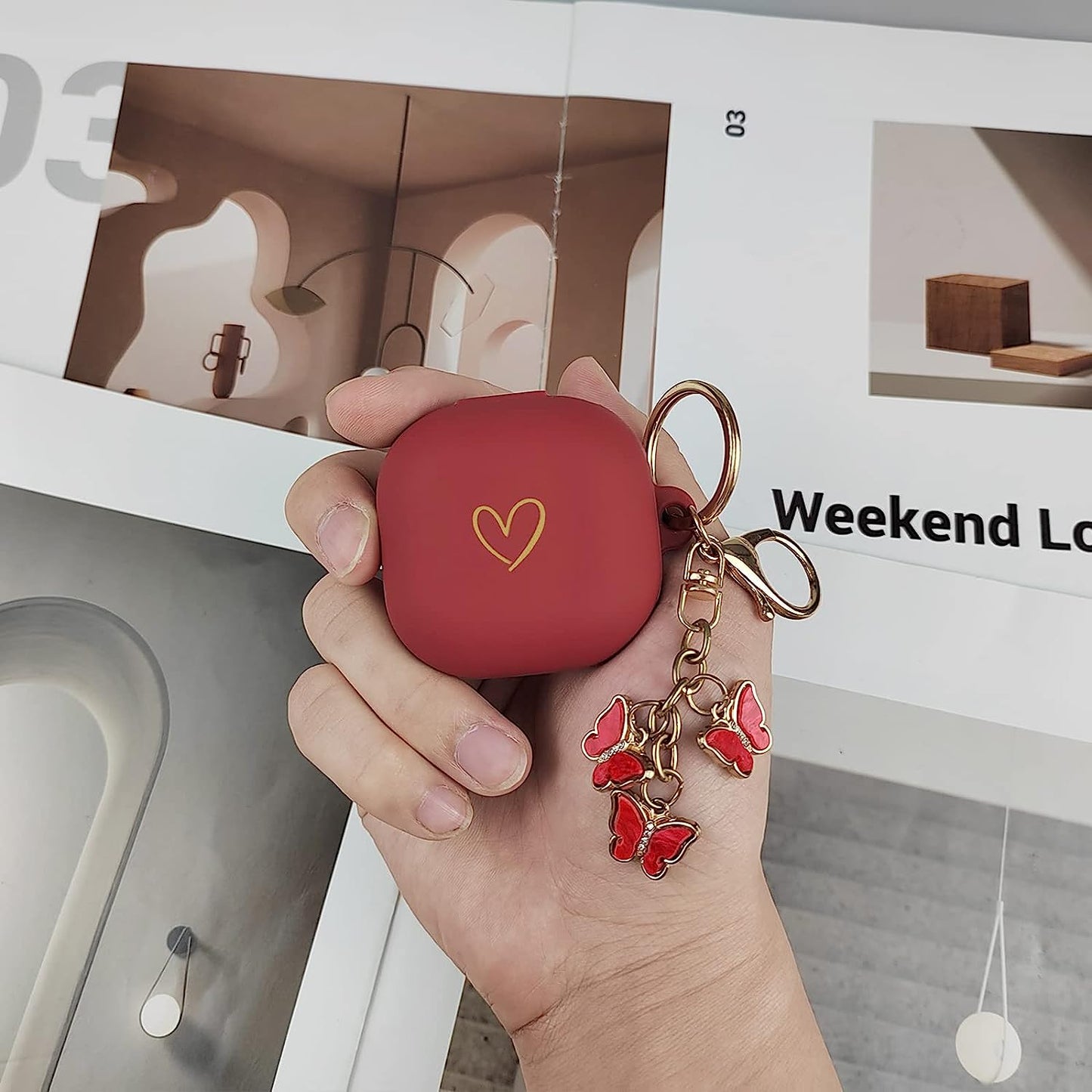 AIIEKZ Compatible with Samsung Galaxy Buds 2 / Buds Pro/Buds Live/Buds 2 Pro, Soft Silicone Case with Gold Heart Pattern with Cute Butterfly Keychain for Girls Women (Burgundy)  AIIEKZ   