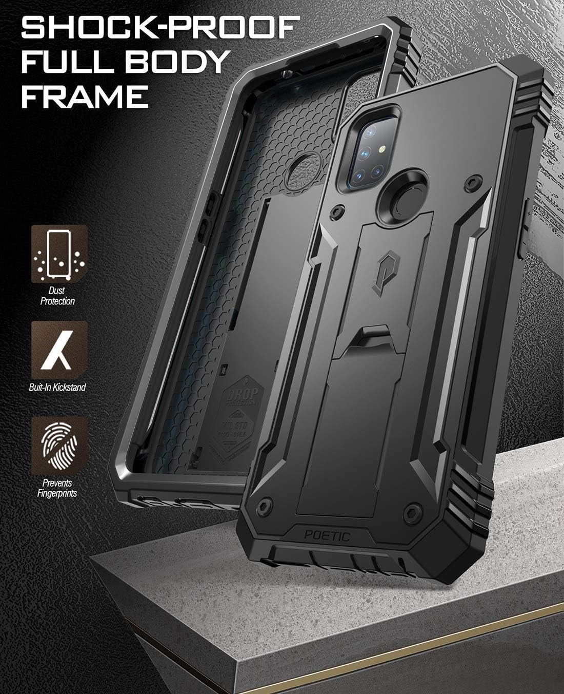 Poetic Revolution Series Case for Oneplus Nord N10 5G, Full-Body Rugged Dual-Layer Shockproof Protective Cover with Kickstand and Built-In-Screen Protector, Black  Poetic   
