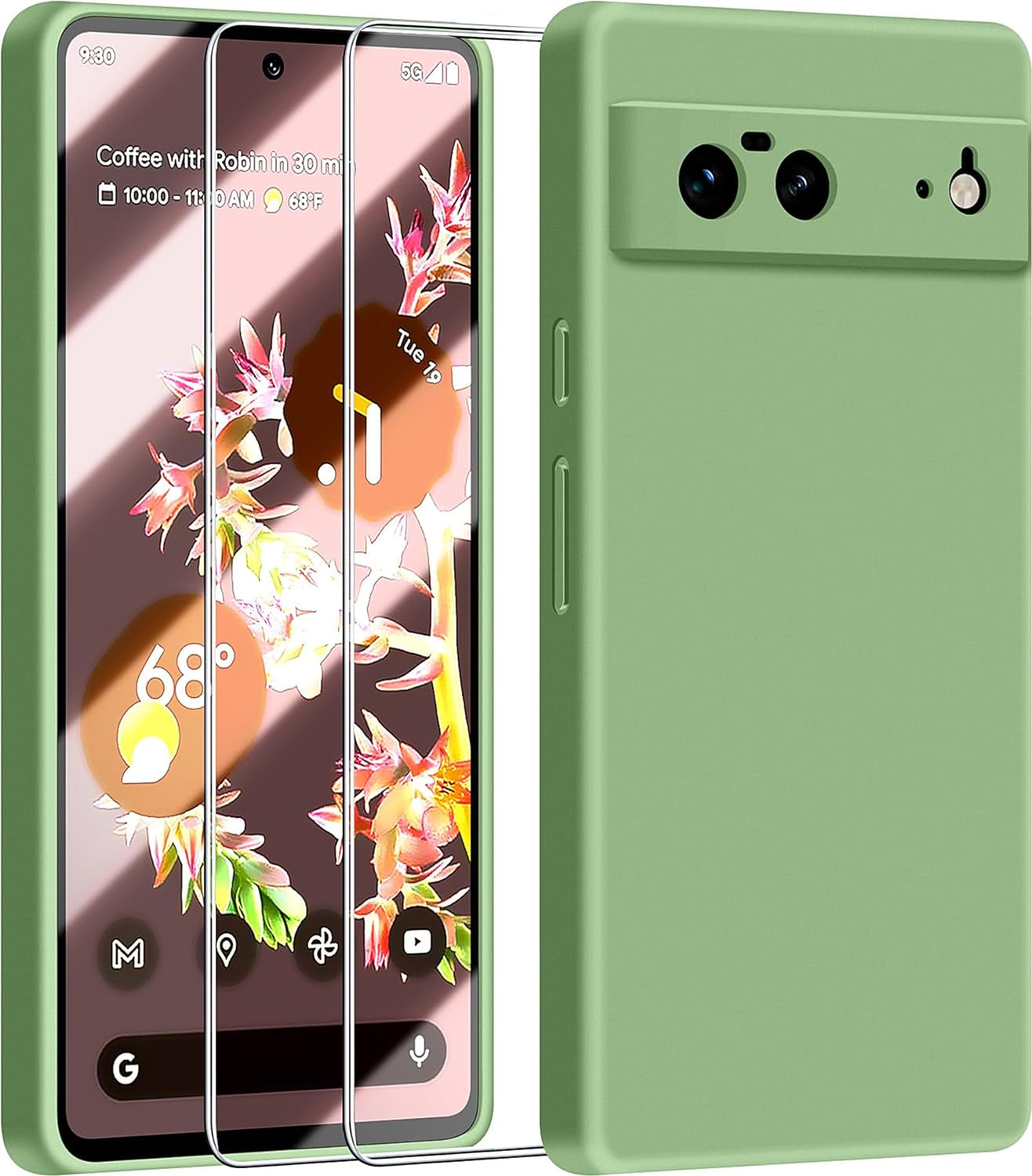 Dssairo 3 in 1 for Google Pixel 6 Case, with 2 Pack Screen Protector, with Full Camera Cover Protection，Liquid Silicone Slim Shockproof Protective Phone Case [Microfiber Lining] (Alpine Green)  Dssairo Matcha Green  