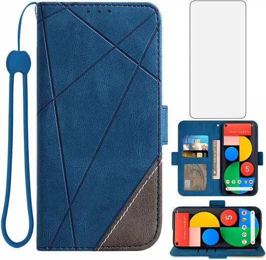 Asuwish Compatible with Google Pixel 5 Wallet Case and Tempered Glass Screen Protector Leather TPU Flip Cover Card Holder Stand Cell Accessories Phone Cases for Pixel5 5G Pixle Five G5 Women Men Blue  Asuwish   