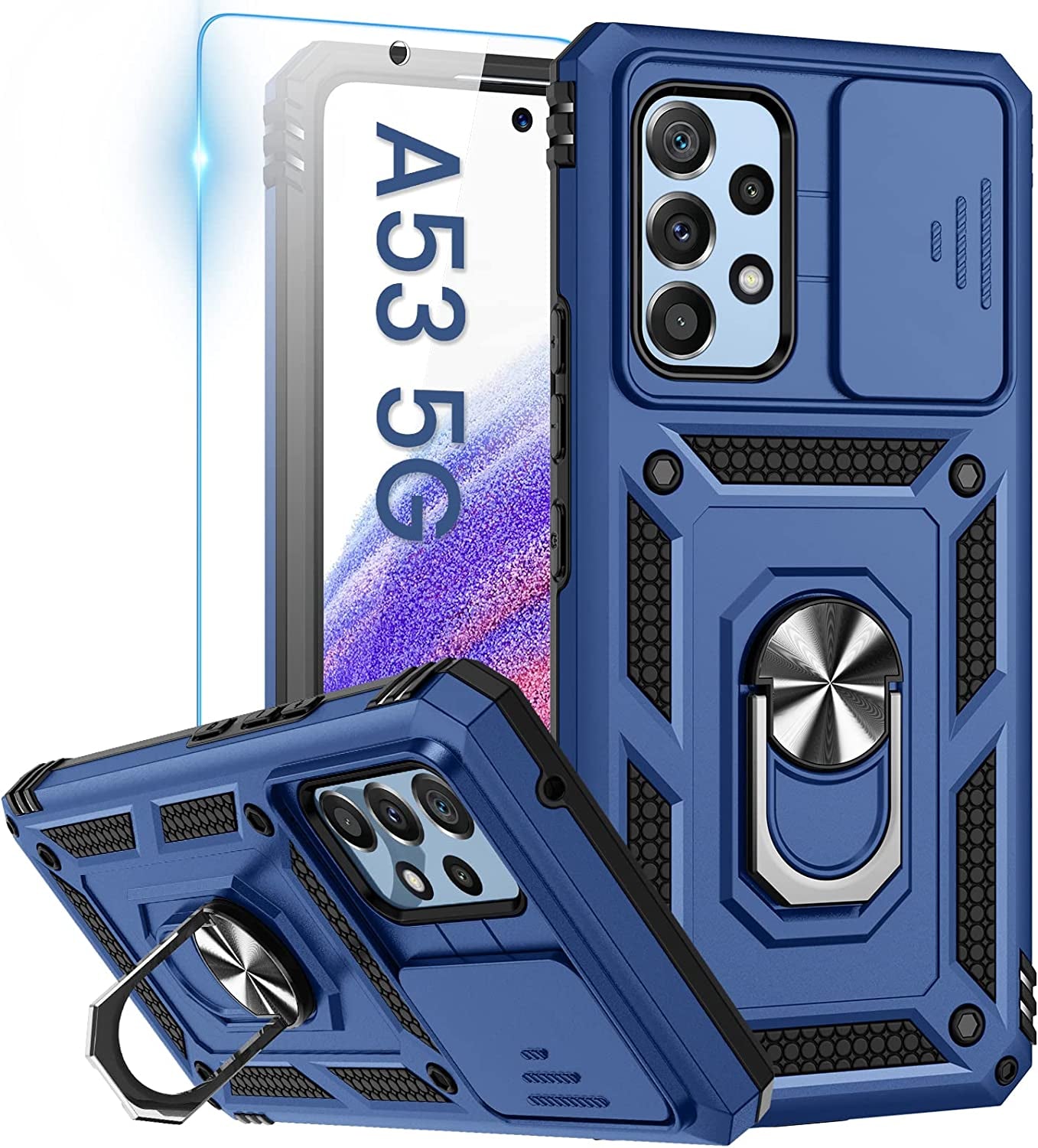 Goton for Samsung A53 5G Case, Galaxy A53 5G Case with Camera Cover & 360°Kickstand Ring with Tempered Glass Screen Protector, Military Grade Shockproof Protective Cover for A53 5G Case Black  Goton Blue  