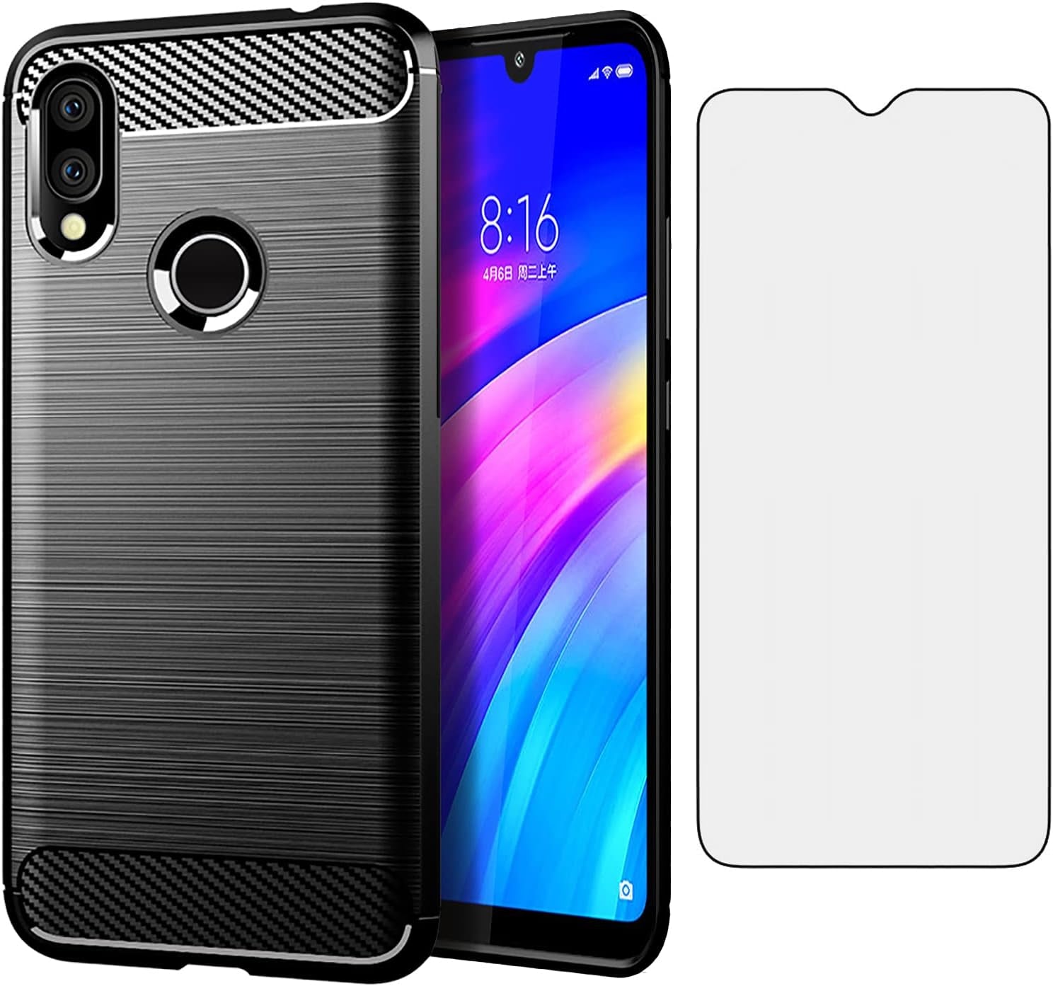 Asuwish Phone Case for Xiaomi Redmi 7/Y3 with Tempered Glass Screen Protector Cover and Cell Accessories Soft Silicone Slim Rubber Full Body Protective Redmi7 Redmiy3 Women Men Carbon Fiber Navy Black  Asuwish   