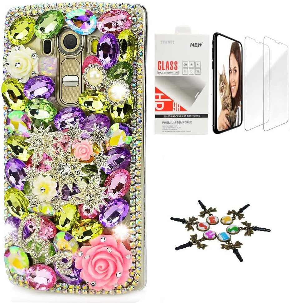 STENES Bling Case Compatible with LG G6 / LG G6 plus - Stylish - 3D Handmade [Sparkle Series] Pretty Butterfly Bowknot Rose Flowers Design Cover with Screen Protector [2 Pack] - Colorful  STENES Stars Rose Flowrs Love / Colorful Design For Lg G6 / Lg G6 Plus 