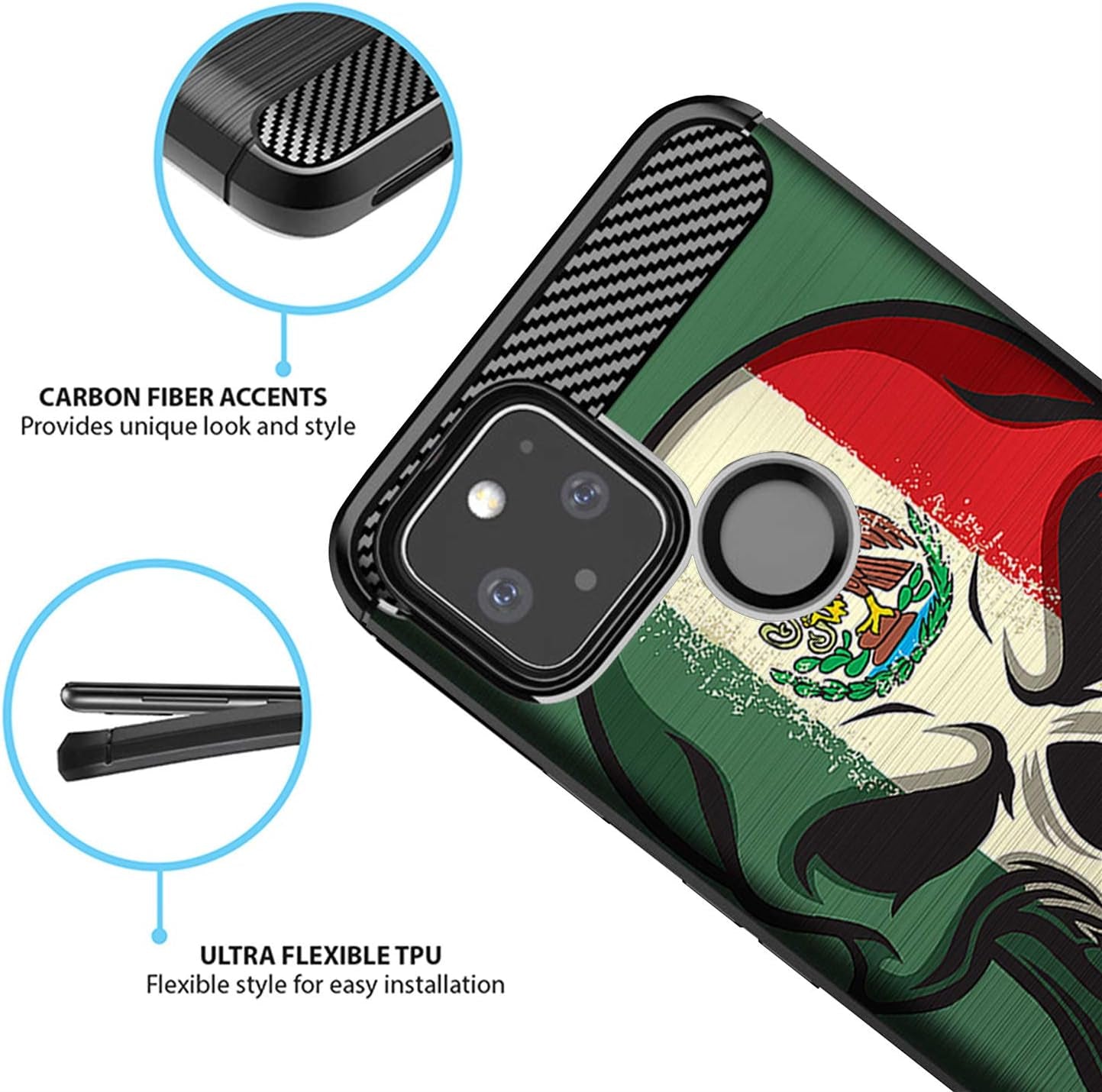 Casesondeck Slim Case Compatible with [Google Pixel 4A 5G (2020)] Thin Scratch Preventing TPU, Matte Finish Carbon Fiber Texture Edges (Mexican Skull)  CasesonDeck   