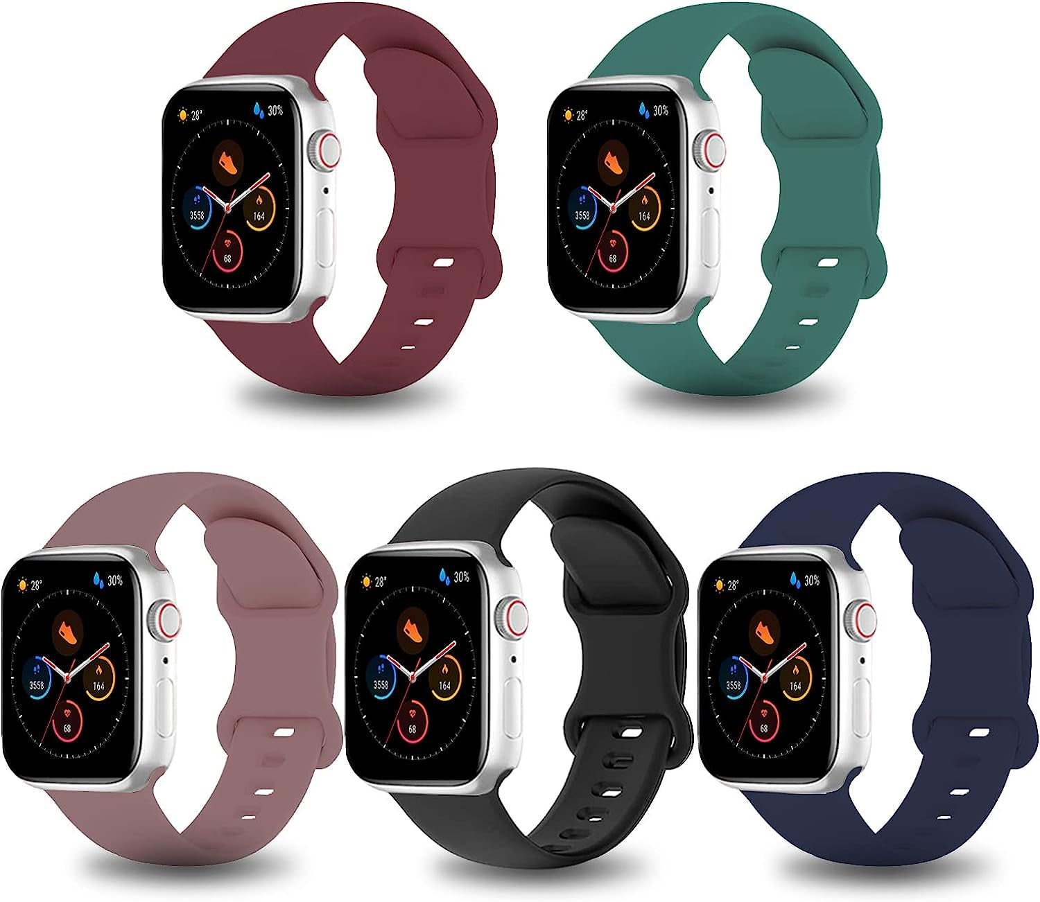 5 Pack Silicone Watch Band Compatible with Apple Watch Band 49Mm 45Mm 44Mm 42Mm 41Mm 40Mm 38Mm for Women Men,Smartwatch Bands for Iwatch Ultra SE2 SE Series 8 7 6 5 4 3 2 1  PZAZT Wine Red/Cactus/Black/Smoke Violet/Midlight Blue 42MM/44MM/45MM/49MM 