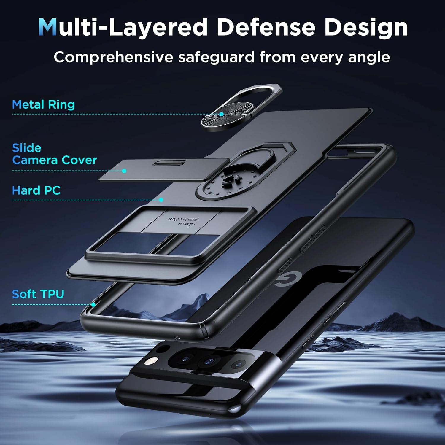 Simtect for Google Pixel 8 Pro Case with Sliding Camera Cover, [Military Drop Protection] [360° Rotation Ring Stand], Slim Protective Case for Google Pixel 8 Pro Phone Case 6.7'' - Black  Simtect   