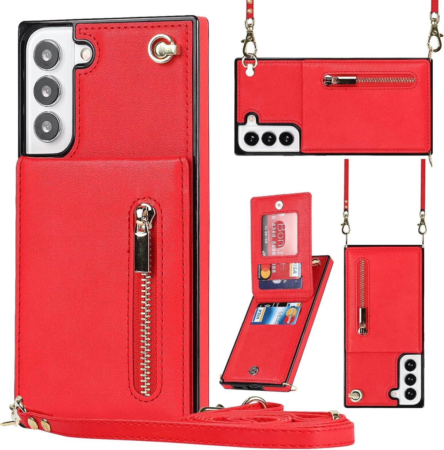 Jaorty Samsung Galaxy S22 5G Phone Case for Women with Card Holder,Samsung S22 Case Wallet Crossbody Lanyard with Strap,Credit Card Slots Kickstand Case with Ring Holder,6.1 Inch,Black  Jaorty Red  