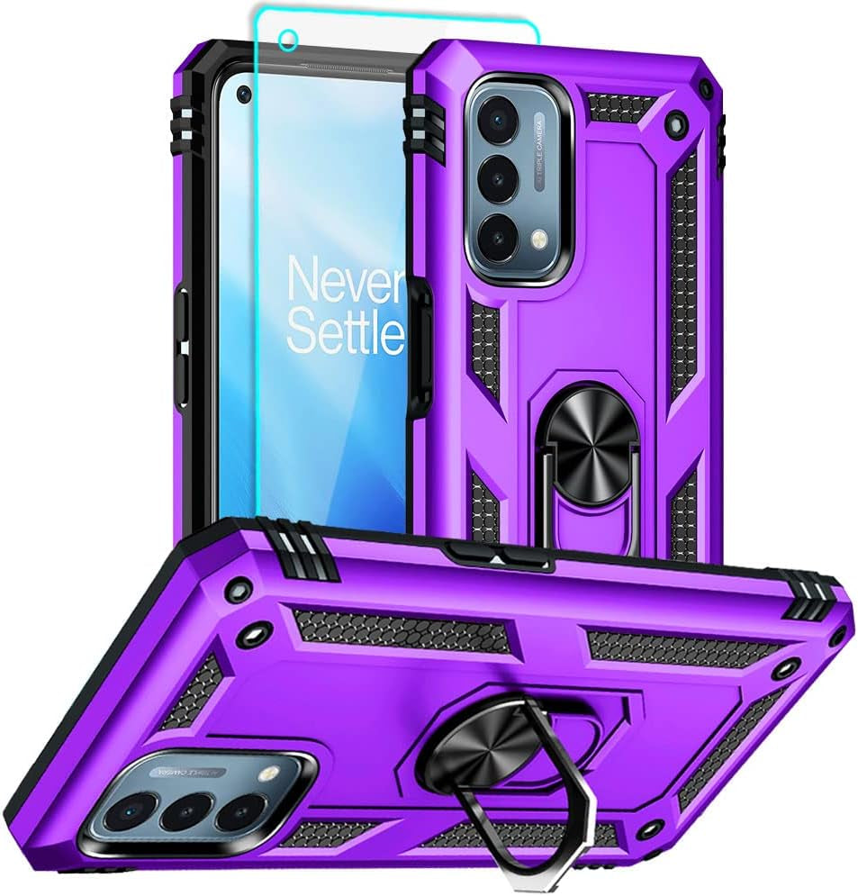 Aozuoton Oneplus Nord N200 5G Case: Military Grade 16Ft Drop Tested, Ring Shockproof Protective Cover with HD Screen Protector, Blue  Yanmen Oneplus Nord N200 5G Case Purple  