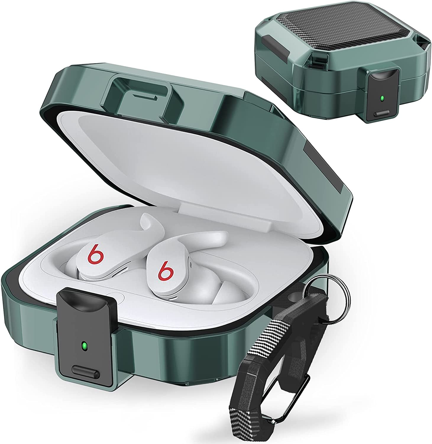 Secure Lock Case for Beats Fit Pro 2021, Carbon Fiber Texture Beats Fit Pro Earbuds Case Cover with Anti-Lost Keychain/Storage Box/Cleaning Brush/Wrist Strap (Pinkish Purple)  Mooyavia Green  