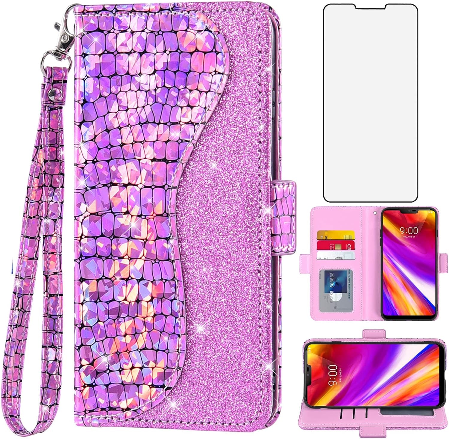 Asuwish Phone Case for LG G7 Thinq Wallet Cover with Screen Protector and Flip Card Holder Bling Glitter Cell LGG7 One G 7 plus LG7 Fit Lg7Thinq 7G Thin Q G7+ G7Thinq Lgg7Thinq Women Girls Silver  Asuwish Pink  
