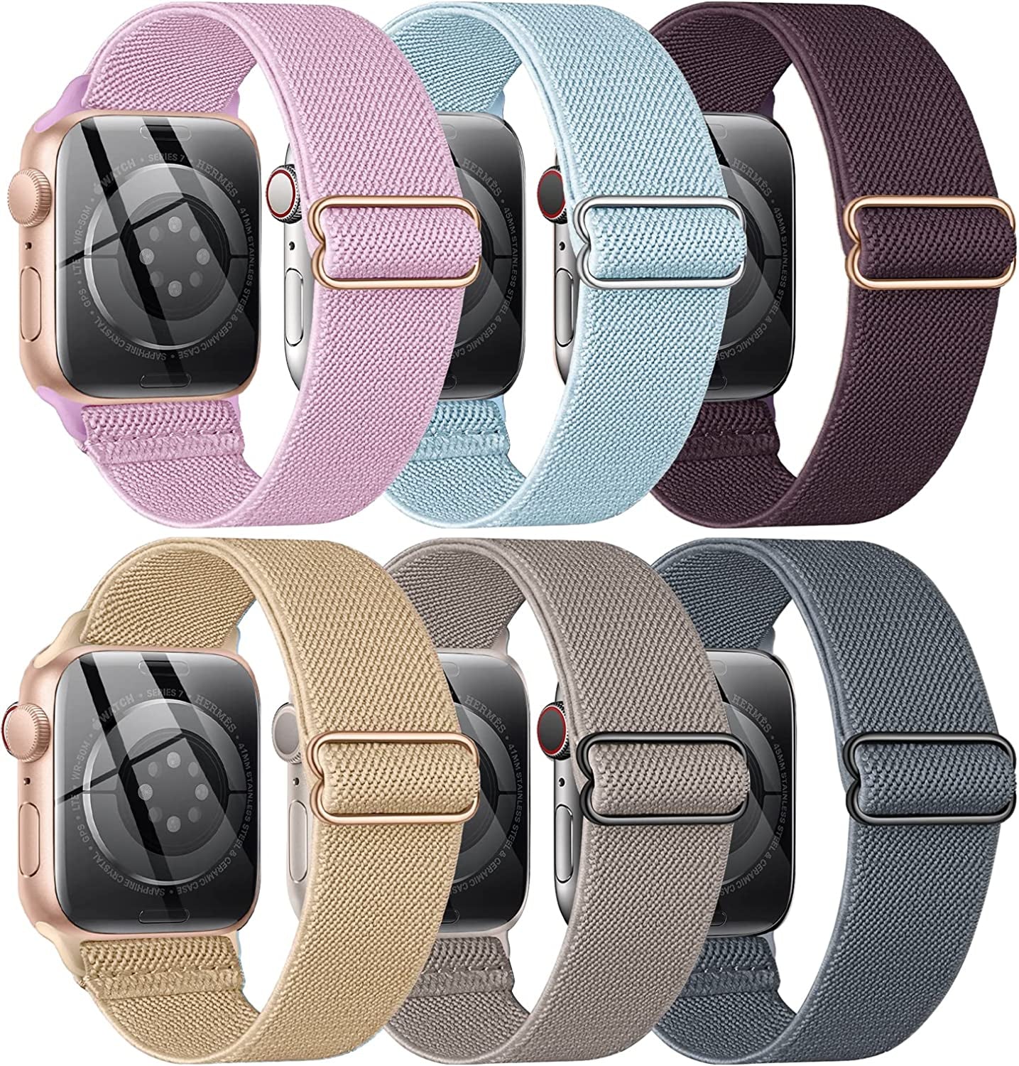 BELONGME 6 Packs Stretchy Nylon Solo Loop for Apple Watch Band Series Ultra SE 8 7 6 5 4 3 2 1 40Mm 38Mm 44Mm 42Mm 45Mm 41Mm 49Mm, Women and Men Sport Apple Watch Bands Replacement for Iwatch Bands  BELONGME Khaki/Stone/Lavender/Cherry Purple/Sky Blue/Blue Grey 45mm/44mm/42mm/49mm 