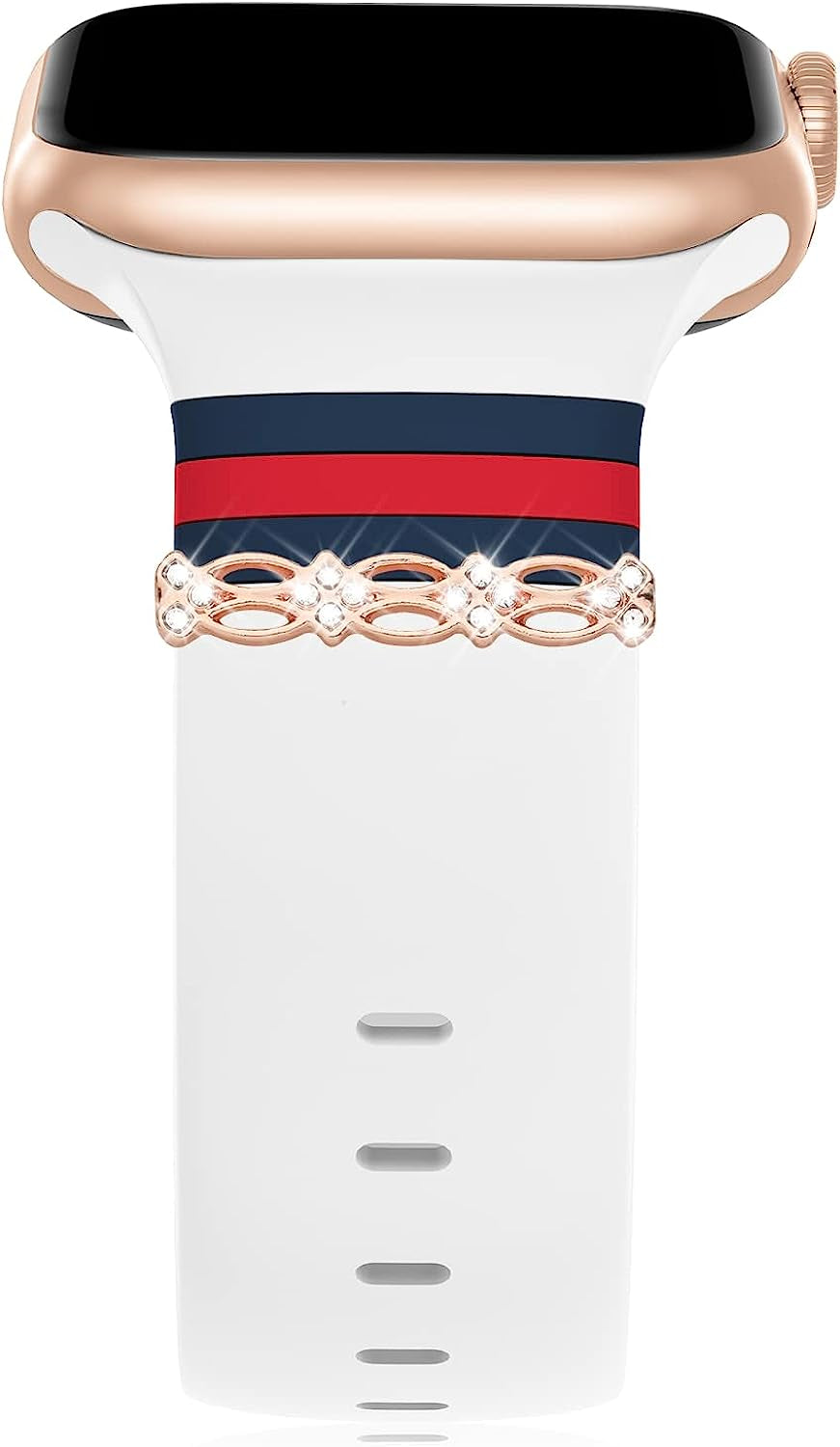 Designer Bands with Charms Decor Compatible with Apple Watch Band 38Mm 40Mm 41Mm 42Mm 44Mm 45Mm 49Mm for Women, Stylish Soft Silicone Sport Strap for Apple Watch Ultra Iwatch Series 8 SE 7 6 5 4 3 2 1  Seizehe White/Blue/Red & Hollowed out Drill 38mm/40mm/41mm 