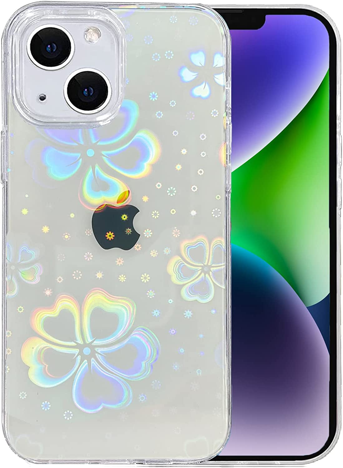 Tksafy for Iphone 14 Case, Cute Love Heart Pattern for Women Girls with Camera Protection, Anti-Scratch Plating Soft TPU Shockproof Bumper Phone Cover for Apple Iphone 14 6.1-Inch 2022, Light Green  Tksafy Rainbow Leaf Flower  