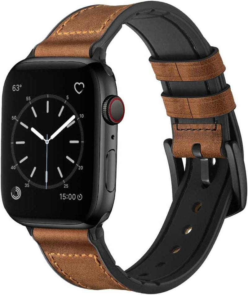 OUHENG Compatible with Apple Watch Band 49Mm 45Mm 44Mm 42Mm, Sweatproof Genuine Leather and Rubber Hybrid Band Strap for Iwatch Ultra Series 8 7 6 5 4 3 2 1 SE2 SE, Brown Band with Black Adapter  OUHENG   