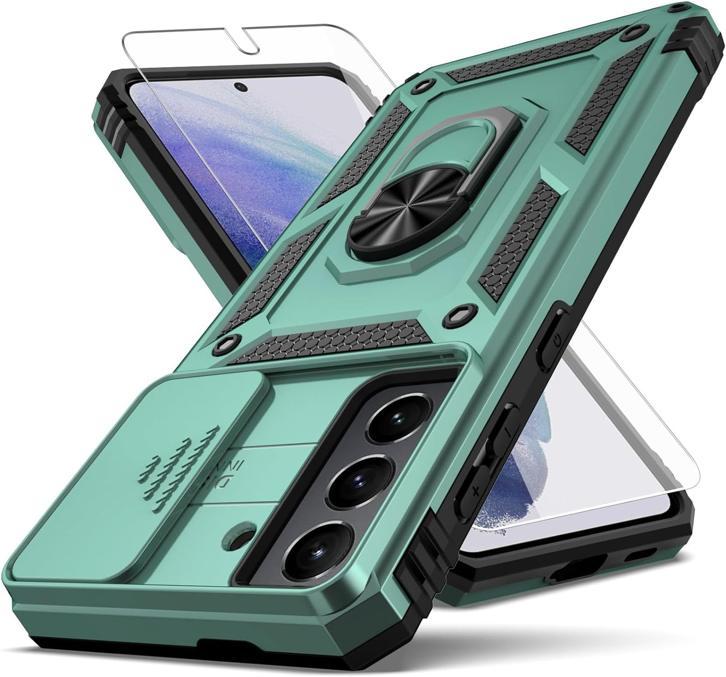 YZOK for Samsung Galaxy S21 Case,With Camera Lens Cover HD Screen Protector,[Military Grade] Ring Car Mount Kickstand Hybrid Hard PC Soft TPU Shockproof Protective Case for Galaxy S21, Purple  YZOK Dark Green  