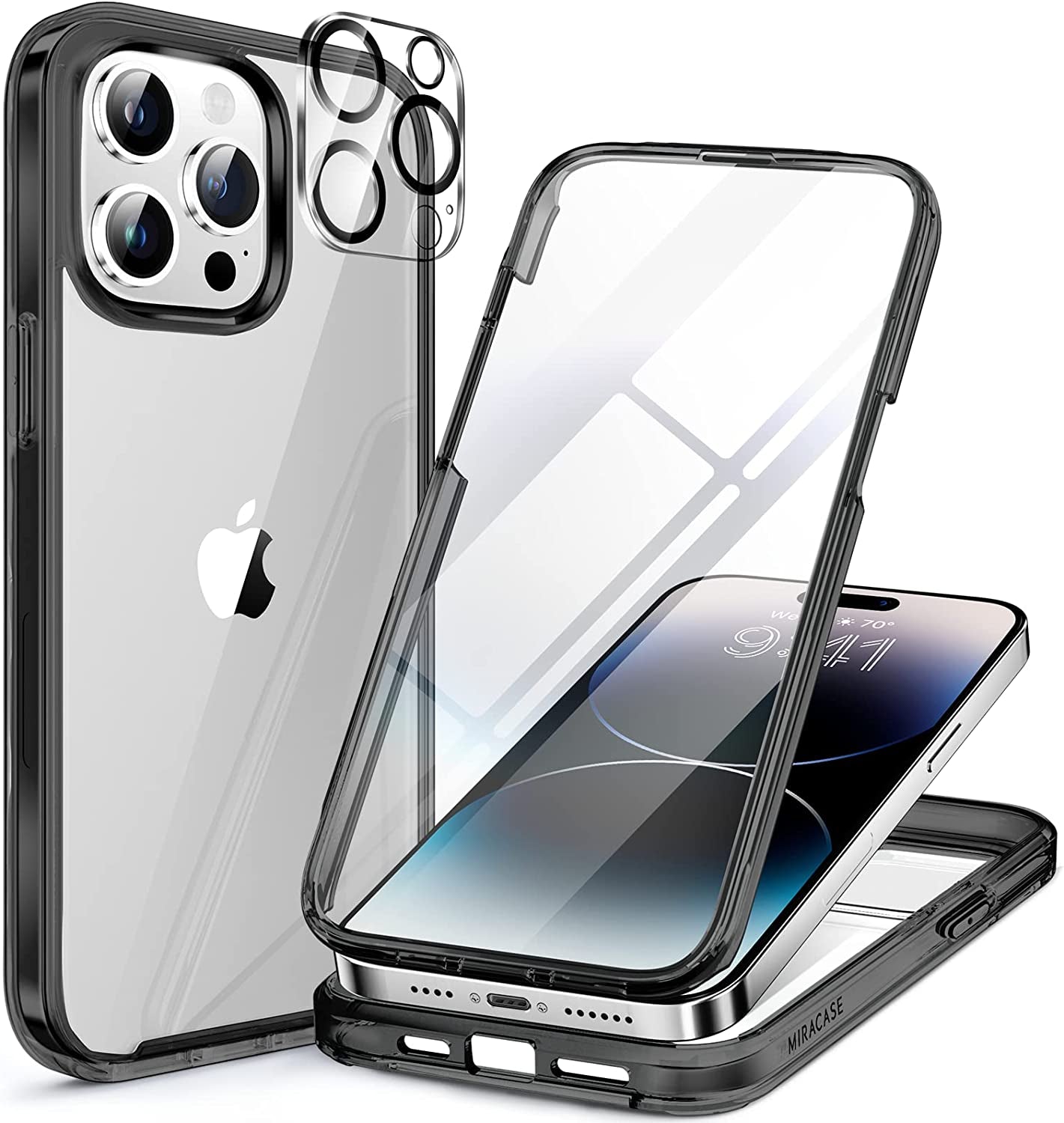 Miracase Glass Series Compatible with Iphone 14 Pro Case 6.1 Inch, 2023 Full-Body Clear Bumper Case with Built-In 9H Tempered Glass Screen Protector, with Camera Lens Protector, Black  Miracase Clear Black  