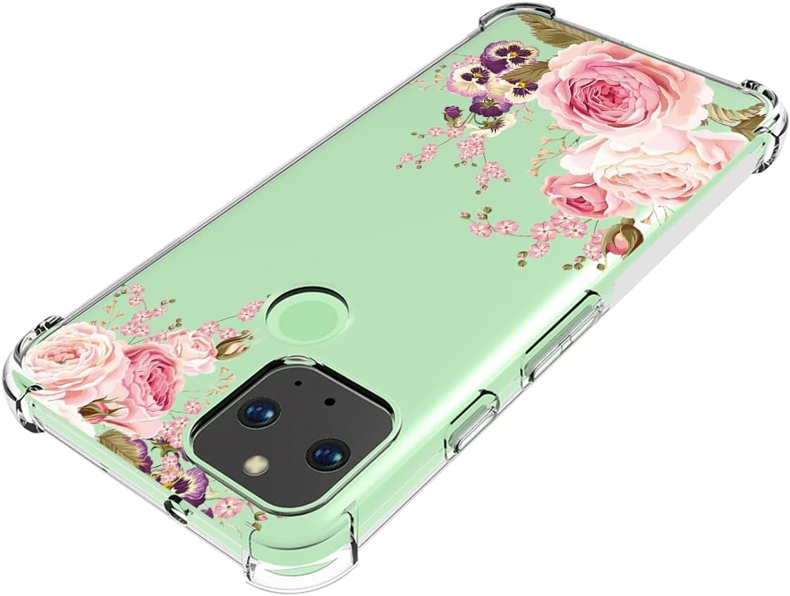 Ueokeird Phone Case for Pixel 5 Case, Google 5 GD1YQ GTT9Q Case Girls Women, Slim Shockproof Clear Floral Pattern Soft Flexible TPU Protective Cover for Google Pixel 5 (Rose Flower)  Ueokeird   