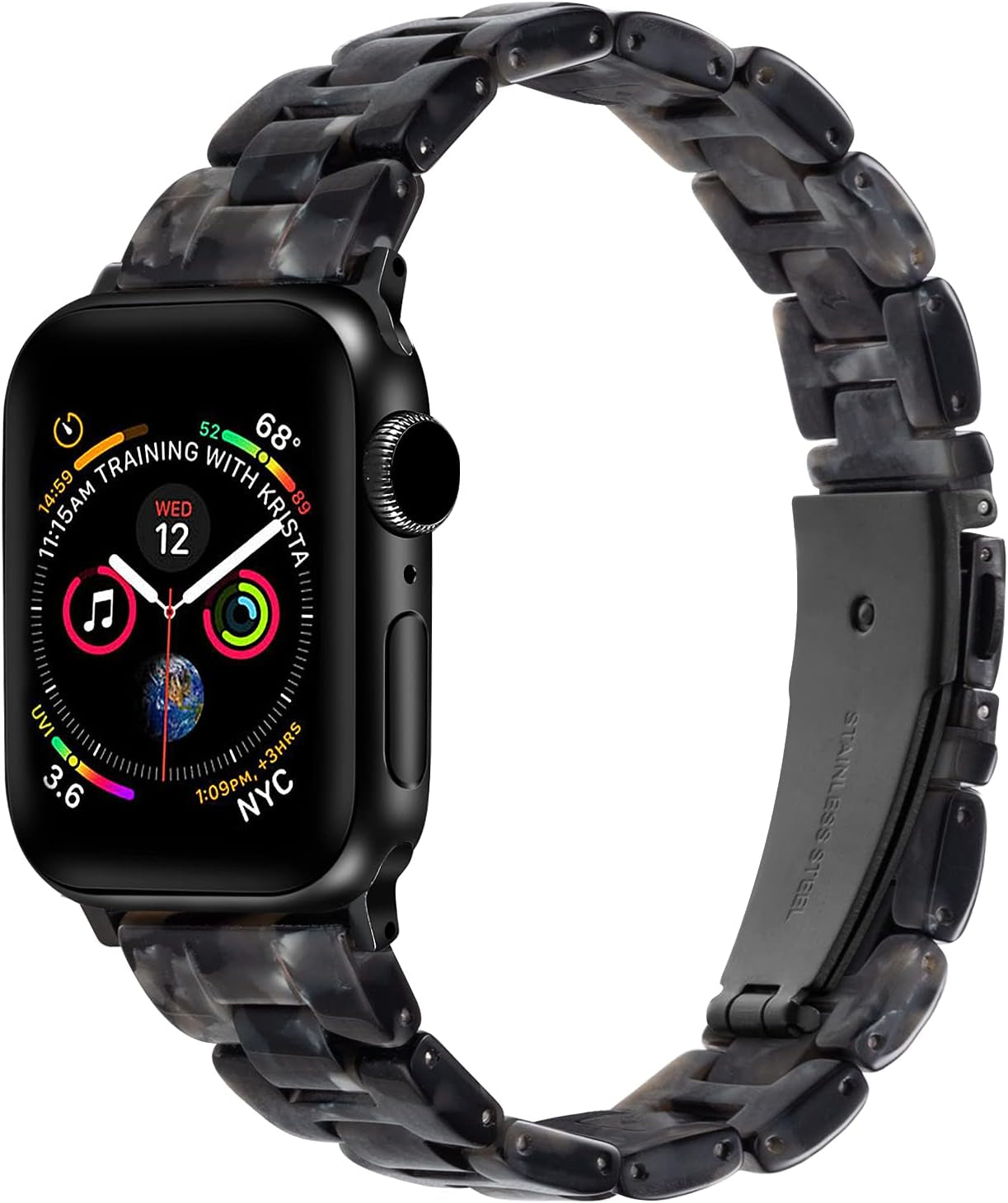 Sangaimei Light Fashion Resin Apple Watch Band with Stainless Steel Buckle Compatible Apple Watch Band 45Mm 44Mm 42Mm 41Mm 40Mm 38Mm Replacement Iwatch Series 8 7 6 5 4 3 2 1 SE for Women Starlight  SaNgaiMEi Black Flower 38mm/40mm/41mm 