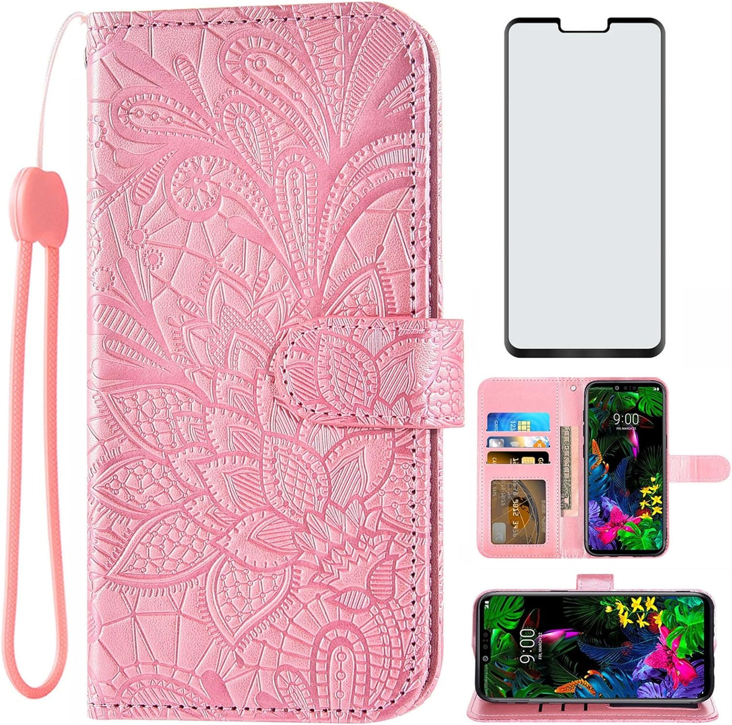 Asuwish Phone Case for LG G8 Thinq with Tempered Glass Screen Protector and Lace Wallet Cover Flip Card Holder Stand Kickstand Cell Accessories LGG8 Thin Q G 8 LG8 G8Thinq Lgg8Thinq 8G Women Rose Gold  Asuwish   