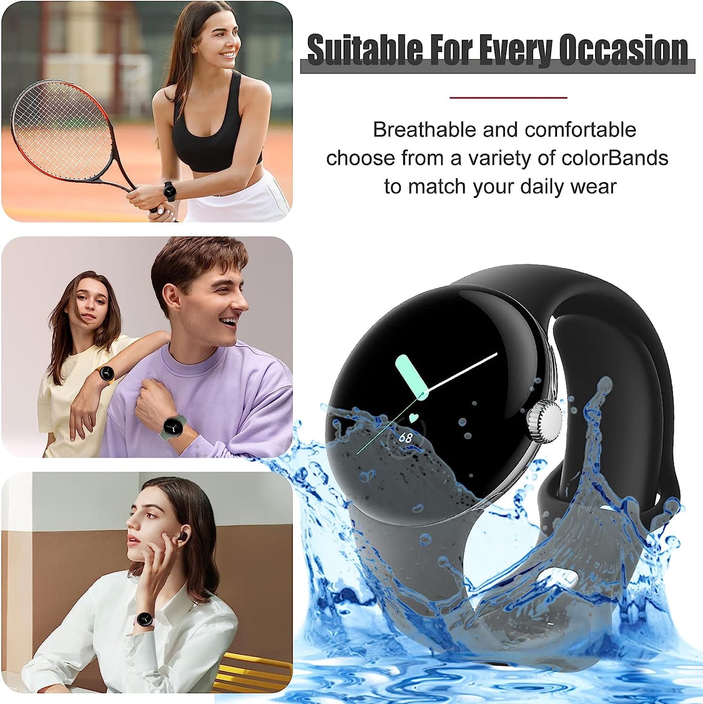 BMINEN Bands 4 Pack for Google Pixel Watch Band, Soft Silicone Wristband Women Men Waterproof Sport Strap Band for Google Pixel Watch 2022 (L, 4PACS-A-L)  BMINEN   