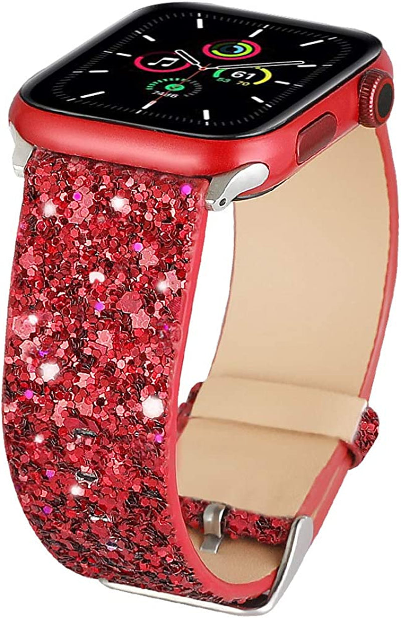 Bling Bands Compatible with Apple Watch Band 38Mm 40Mm 41Mm 42Mm 44Mm 45Mm 49Mm Women, Iwatch Strap Shiny Bling Glitter Leather Wristband for Apple Watch Series 8 7 6 5 4 3 2 1 SE Ultra  JOHIPI Red 42mm/44mm/45mm/49mm 