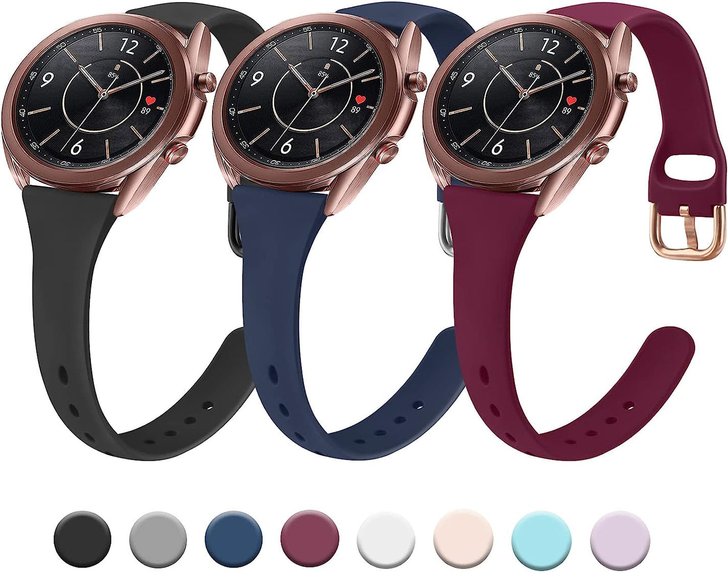 3 Pack Slim Bands for Samsung Galaxy Watch 3 Bands 41Mm Women Men, 20Mm Soft Silicone Replacement Wristband Sport Strap for Galaxy Watch 3 Bands 41Mm  Meliya Black+Navy Blue+Wine Red  