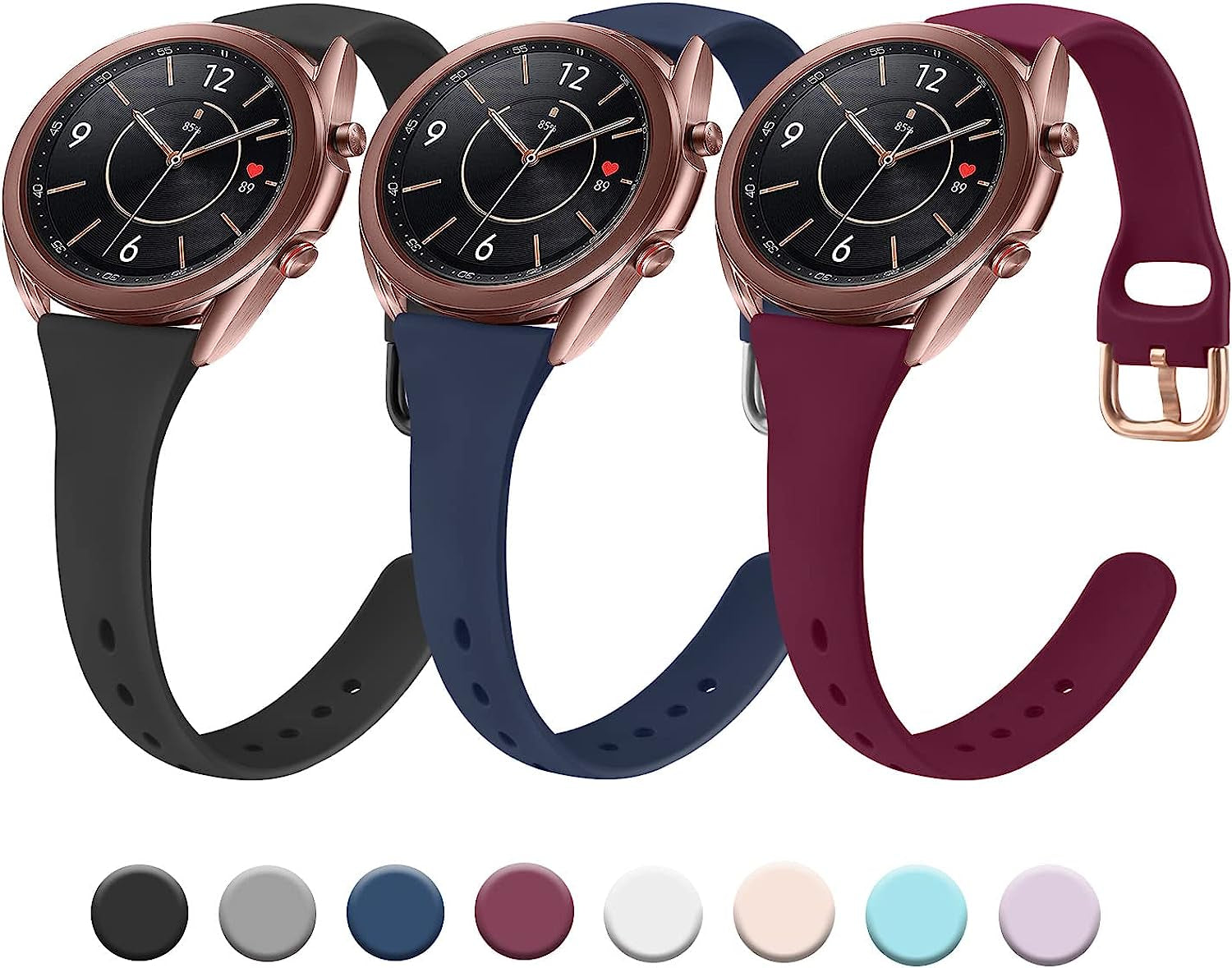 3 Pack Slim Bands for Samsung Galaxy Watch 3 Bands 41Mm Women Men, 20Mm Soft Silicone Replacement Wristband Sport Strap for Galaxy Watch 3 Bands 41Mm  Meliya Black+Navy Blue+Wine Red  