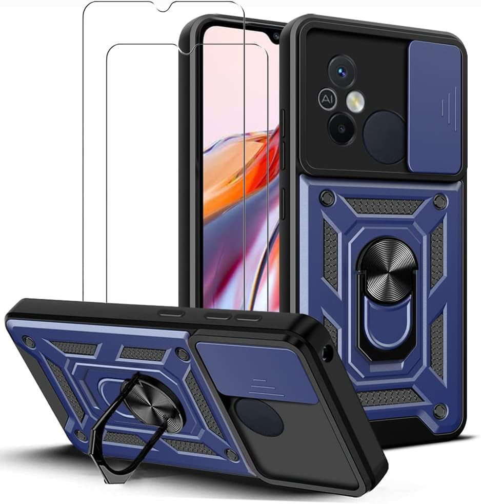 ZMONE Phone Case for Xiaomi Redmi 12C Case with Glass Screen Protector, [2 Pack] Built Slide Camera Protection Cover,Military Heavy Duty Full Body Protective Phone Case - Red  Chengmi Blue  