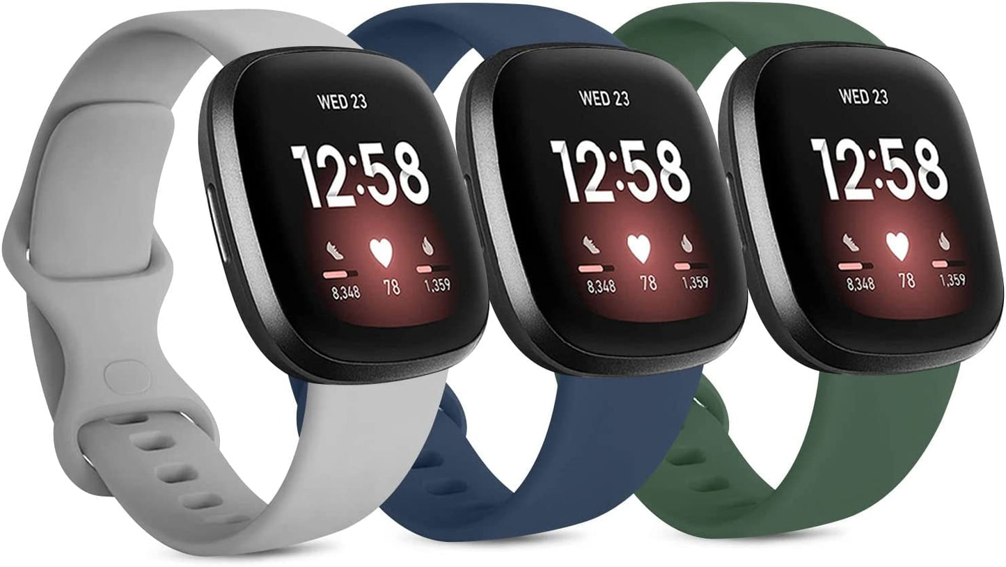 3 Pack Silicone Bands for Fitbit Sense Bands Fitbit Versa 3 Bands Women Men, Classic Soft Sport Bands Replacement Wristbands for Fitbit Sense/Versa 3 Smart Watch (Black/White/Gray, Large)  Amzpas Olive Green/Navy Blue/Gray Large 