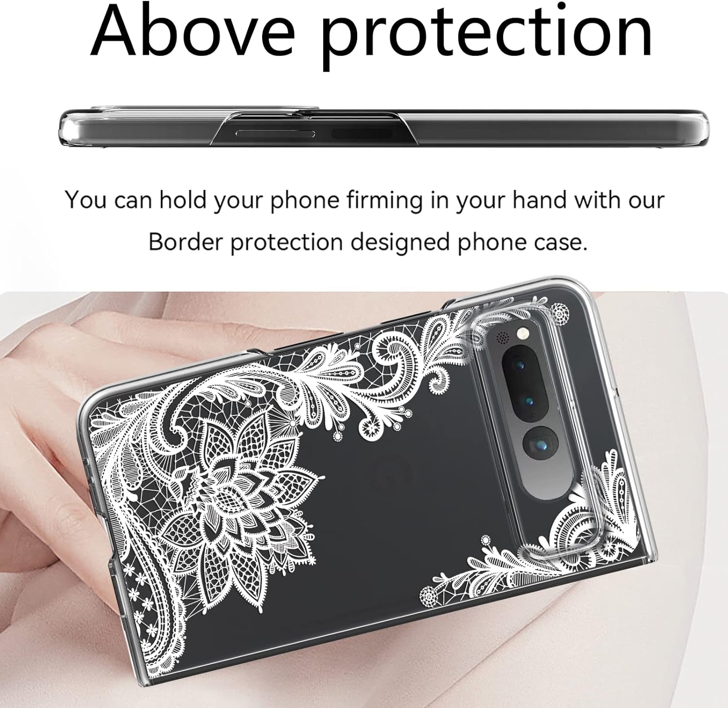 Osophter for Google Pixel Fold 5G Case Clear: Flower Floral for Girls Women Shock-Absorption Transparent Back Cell Phone Cover Cases for Google Pixel Fold 5G(White Lace)  Osophter   