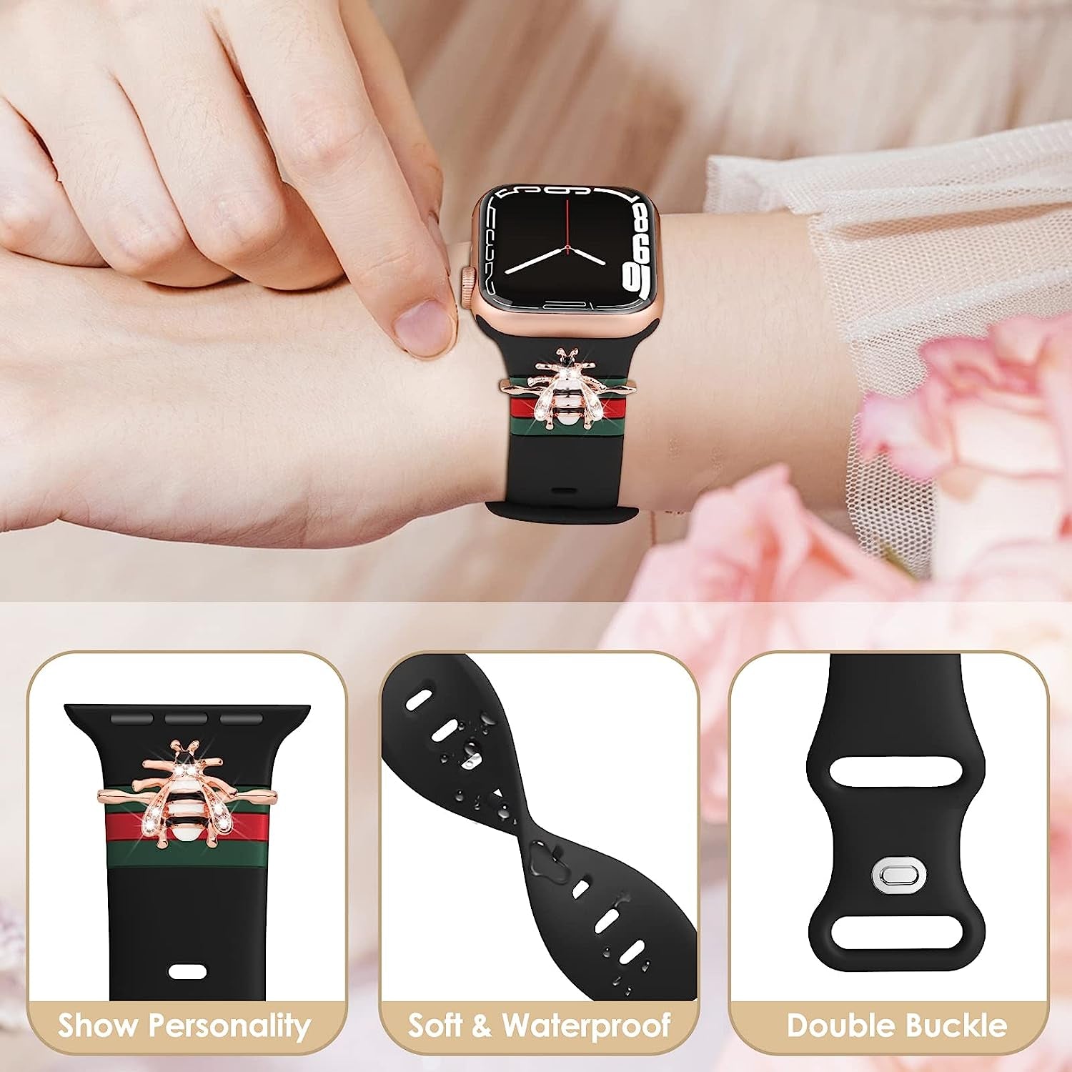 Designer Bands with Charms Decor Compatible with Apple Watch Band 38Mm 40Mm 41Mm 42Mm 44Mm 45Mm 49Mm for Women, Stylish Soft Silicone Sport Strap for Apple Watch Ultra Iwatch Series 8 SE 7 6 5 4 3 2 1  Seizehe   
