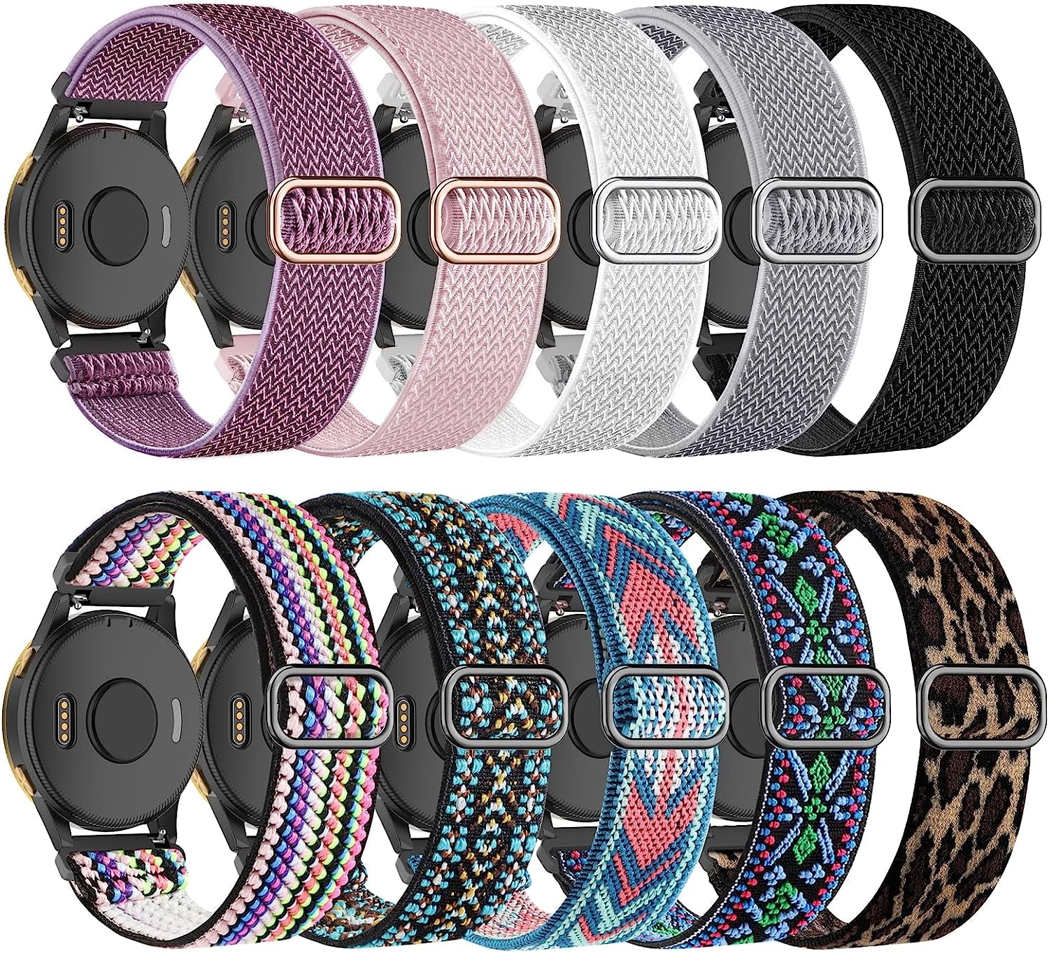 Wizvv Stretchy Nylon Watch Bands Compatible with Garmin Venu Sq/Venu for Women Men, 20Mm Loop Breathable Elastic Strap Replacement for Garmin Vivoactive 3/Venu 2 Plus/Forerunner 245/55/645 Music (10 Pack)  Wizvv   