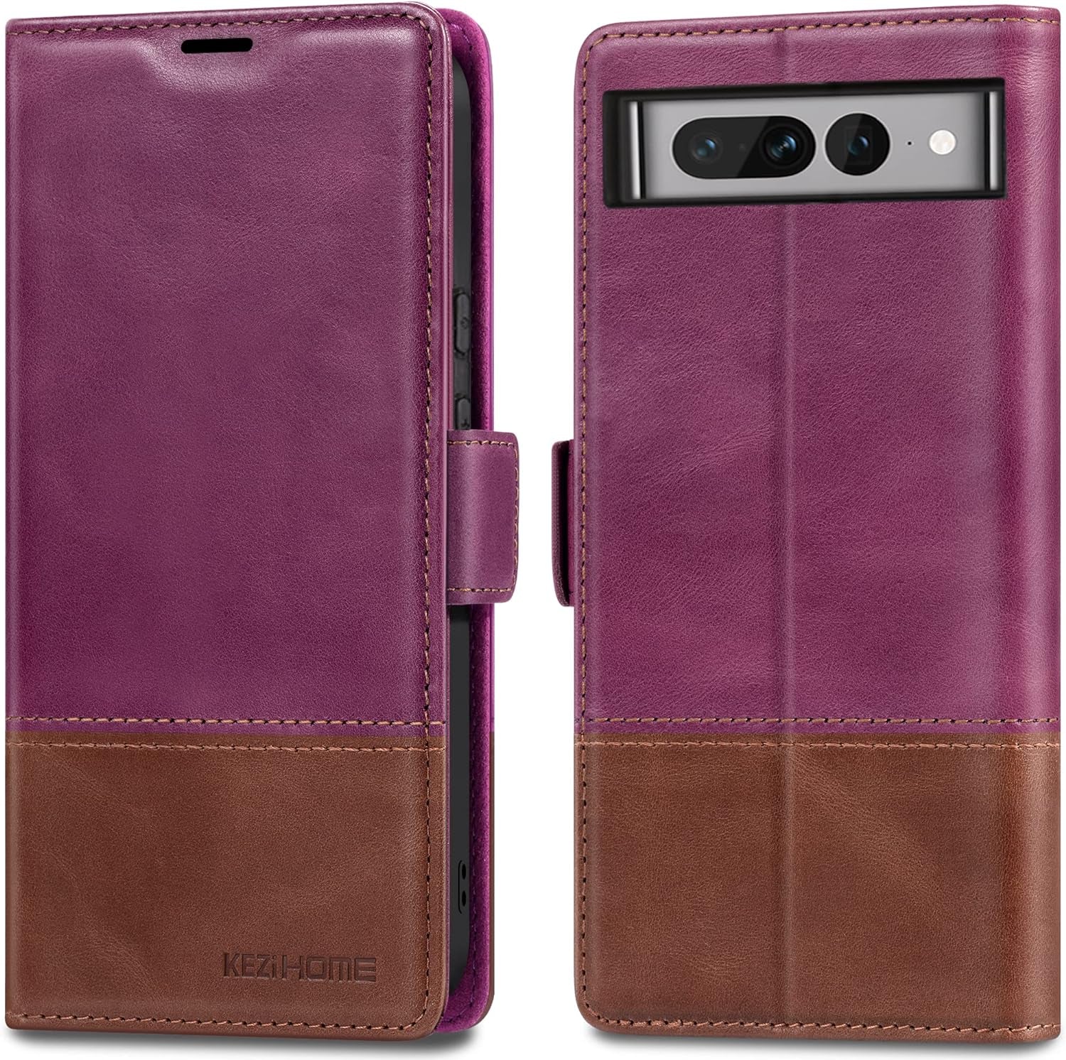 Kezihome Case for Google Pixel 7A, Genuine Leather Wallet Case with Card Holder [RFID Blocking] Kickstand Flip Protective Heavy Duty Phone Cover for Google Pixel 7A 5G 2023 (Red/Brown)  KEZiHOME Purple/Brown Google Pixel 7 Pro 