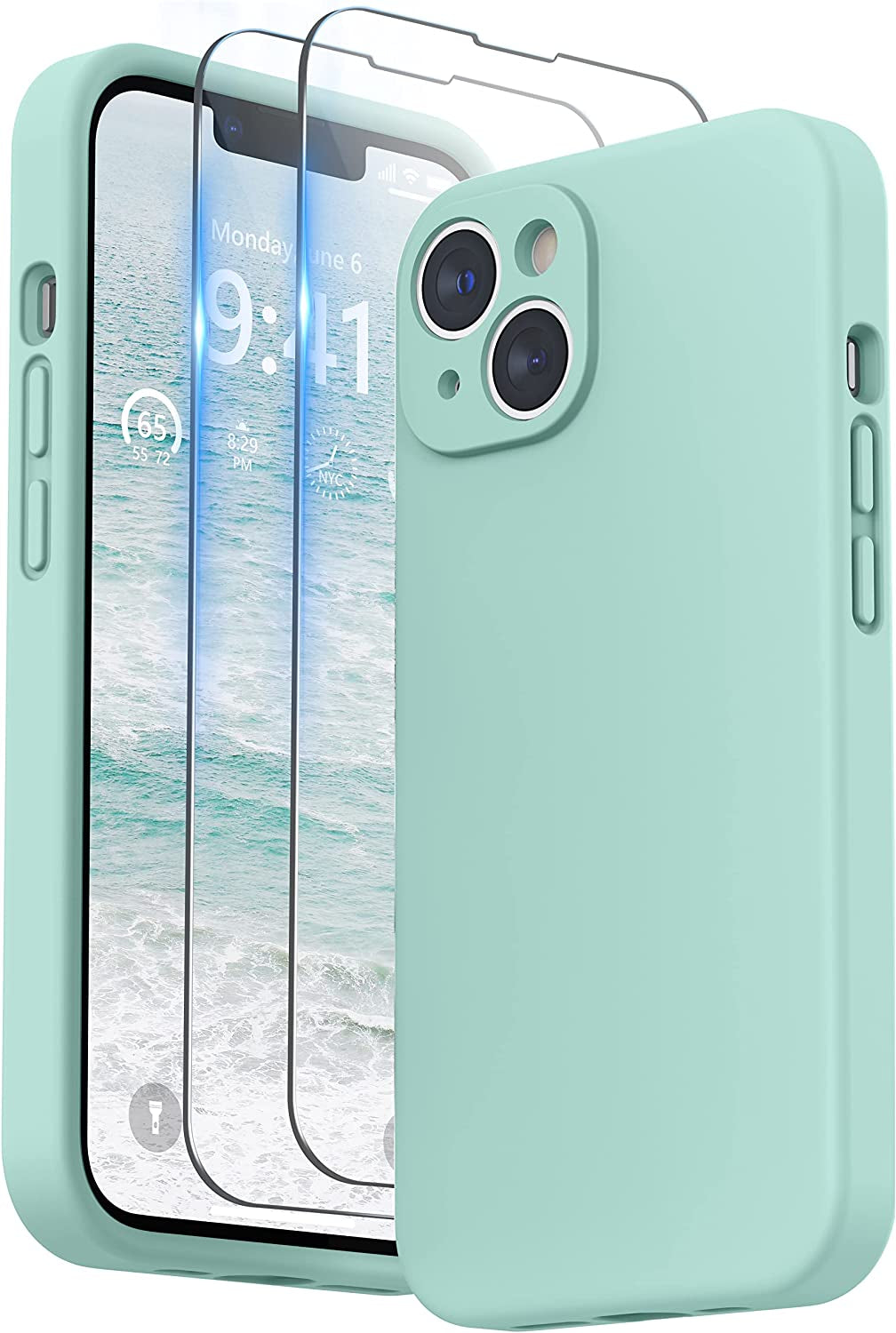 SURPHY Compatible with Iphone 14 Case with Screen Protector (Camera Protection + Soft Microfiber Lining) Liquid Silicone Phone Case 6.1 Inch 2022, Cactus Green  SURPHY Mint Green  