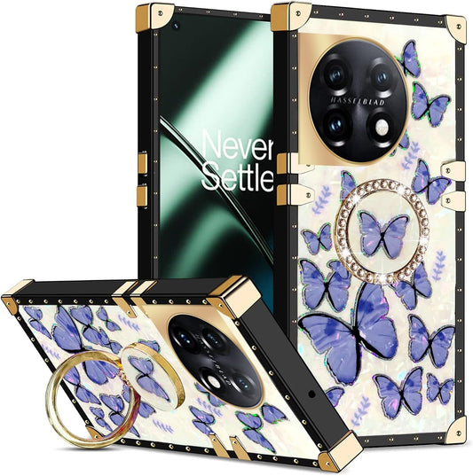Kudini for Oneplus 11 Phone Case, Oneplus 11 5G Case for Women, Cute Square Glitter Girly Bling Stylish Retro Shock Soft TPU Protective Cover with Ring Kickstand for Oneplus 11 5G (Purple Butterfly)  KuDiNi   