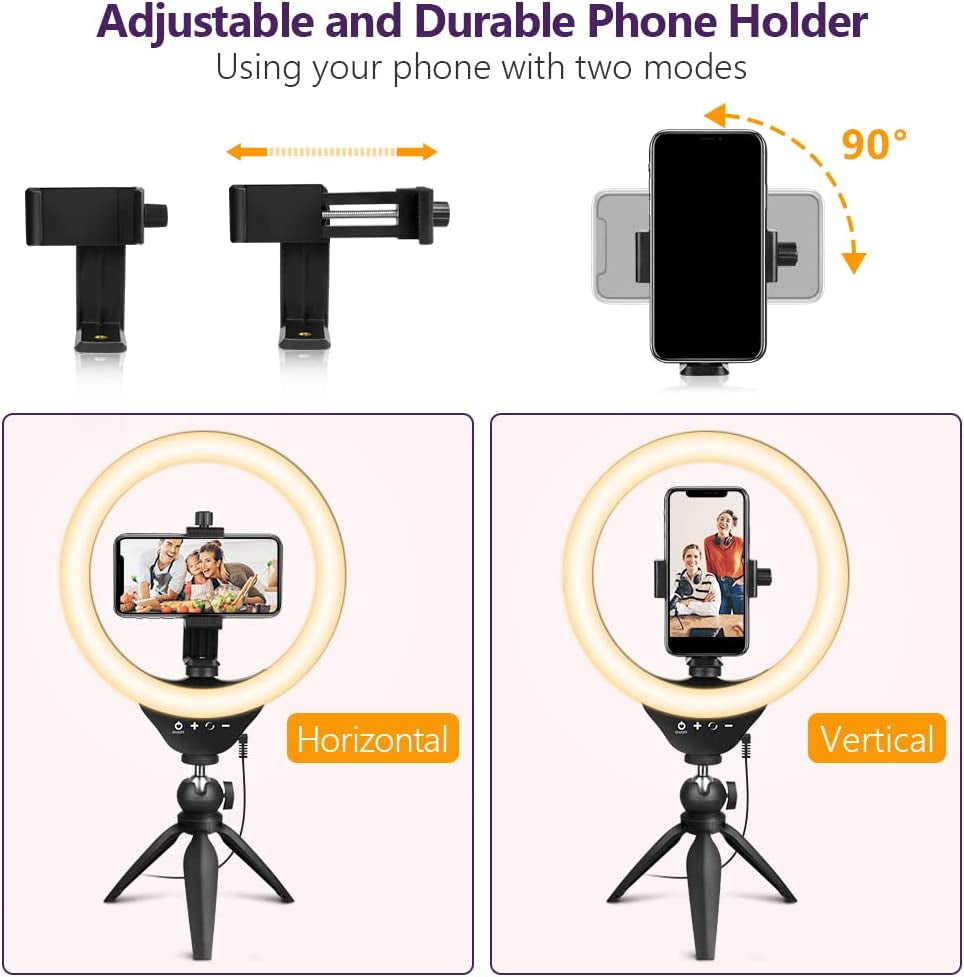 Eicaus Desktop 10'' Selfie Ring Light with Tripod Stand and Cell Phone Holder, Dimmable LED Circle for Computer/Zoom Call/Live Streaming/Makeup/Youtube/Tik Tok, Compatible Most Phones (TBC001)  Eicaus   