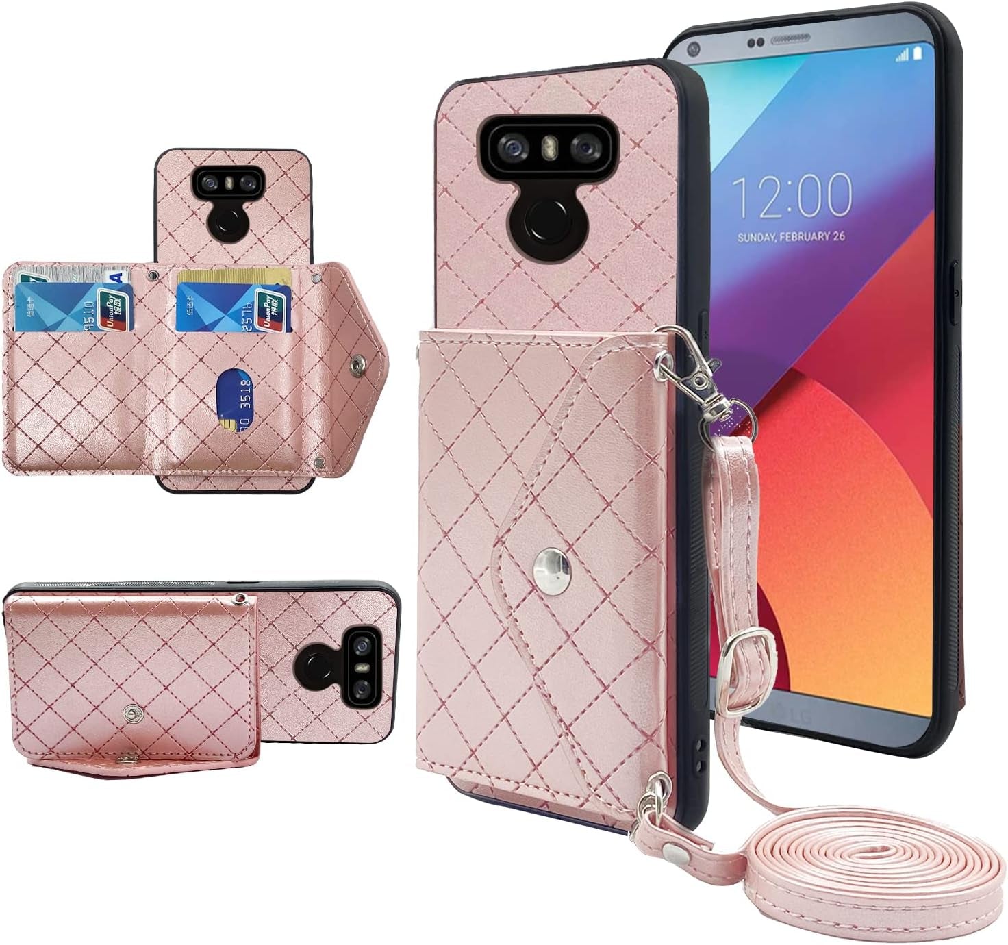 ELISORLI Compatible with LG G6 Wallet Cover with Crossbody Shoulder Strap Stand Leather Credit Card Holder Lanyard Phone Cover for LGG6 Thinq LG6 Thin Q G 6 plus G6+ 6G VS988 H872 Women Girl Grey  ELISORLI Pink  
