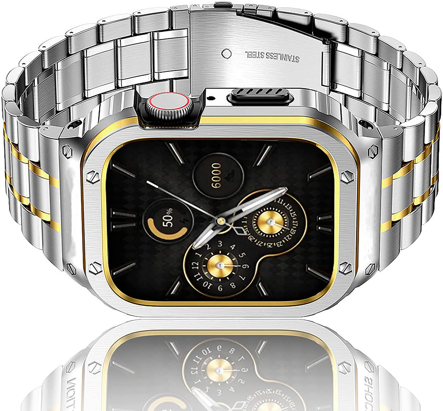 Amznew Apple Watch Band with Case Compatible for Iwatch Series Ultra(49Mm) 8/7(45Mm/41Mm) 6/5/4/Se(44Mm/40Mm) 3/2/1(42Mm/38Mm), Stainless Steel Iwatch Bands and Metal Bumper Cover for Men  Amznew Silver-Gold (case) 45mm 