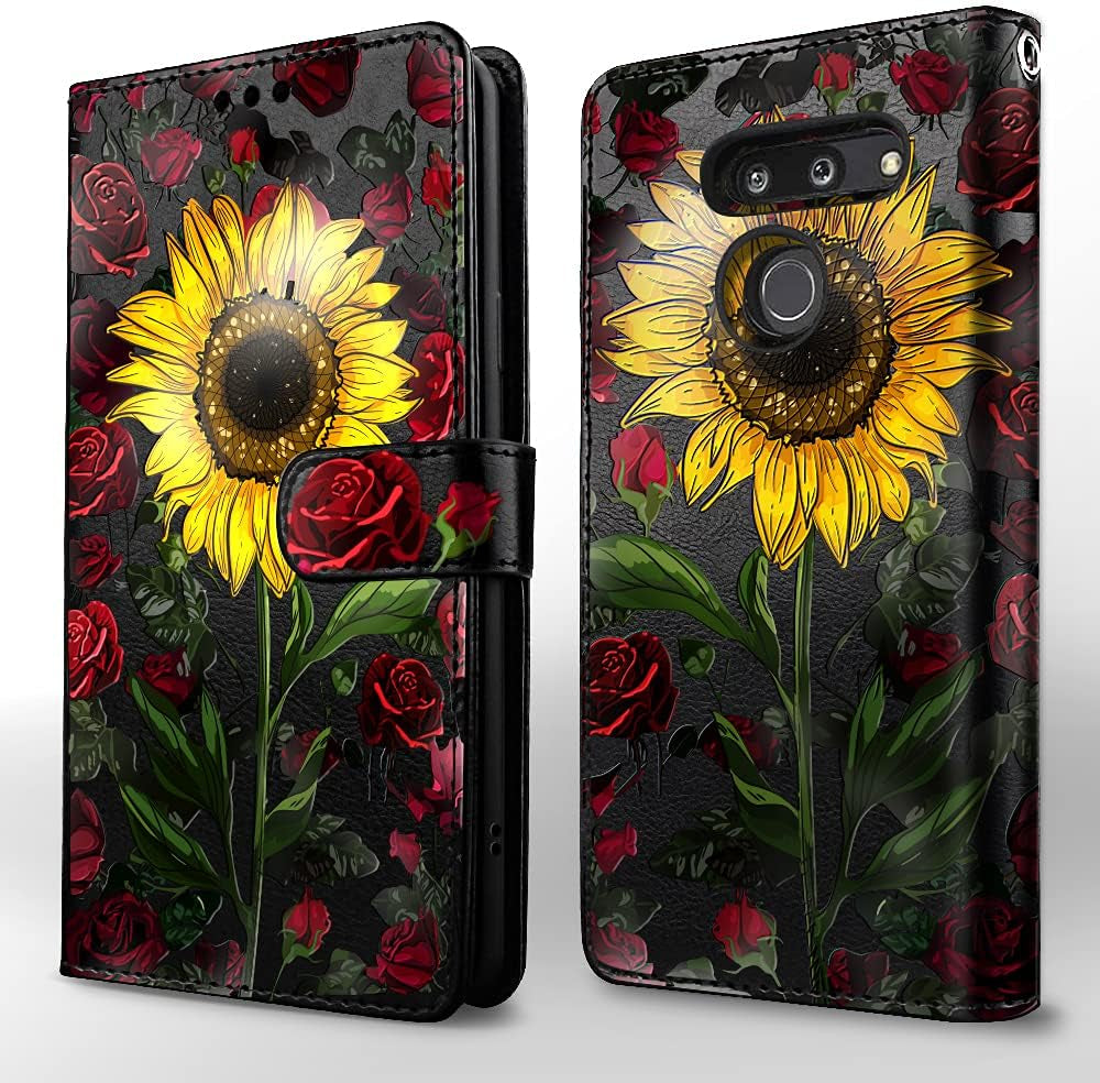 Shields up LG G8 Thinq Wallet Case, LG G8 Case, [Detachable] Magnetic Wallet Case with Card Slots & Wrist Strap for Girls/Women, [Vegan Leather] Cover for LG G8 Thinq - Rose Flower/Sunflower  Shields Up inc   