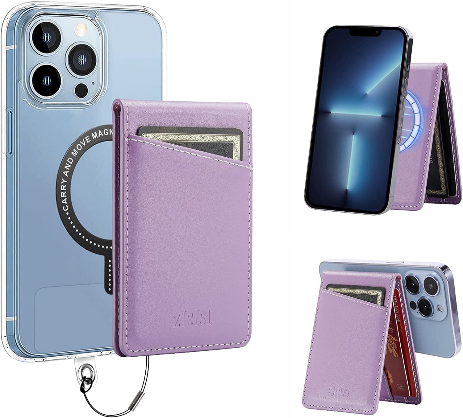 ZICISI Genuine Leather Detachable Magnetic Wallet Compatible with Magsafe Wallets Stand with 5 Card Slots & RFID Blocking&Metal Ring,For Iphone 14/13/12 Pro Max,Samsung and Android Phone Case,Purple  ZICISI   